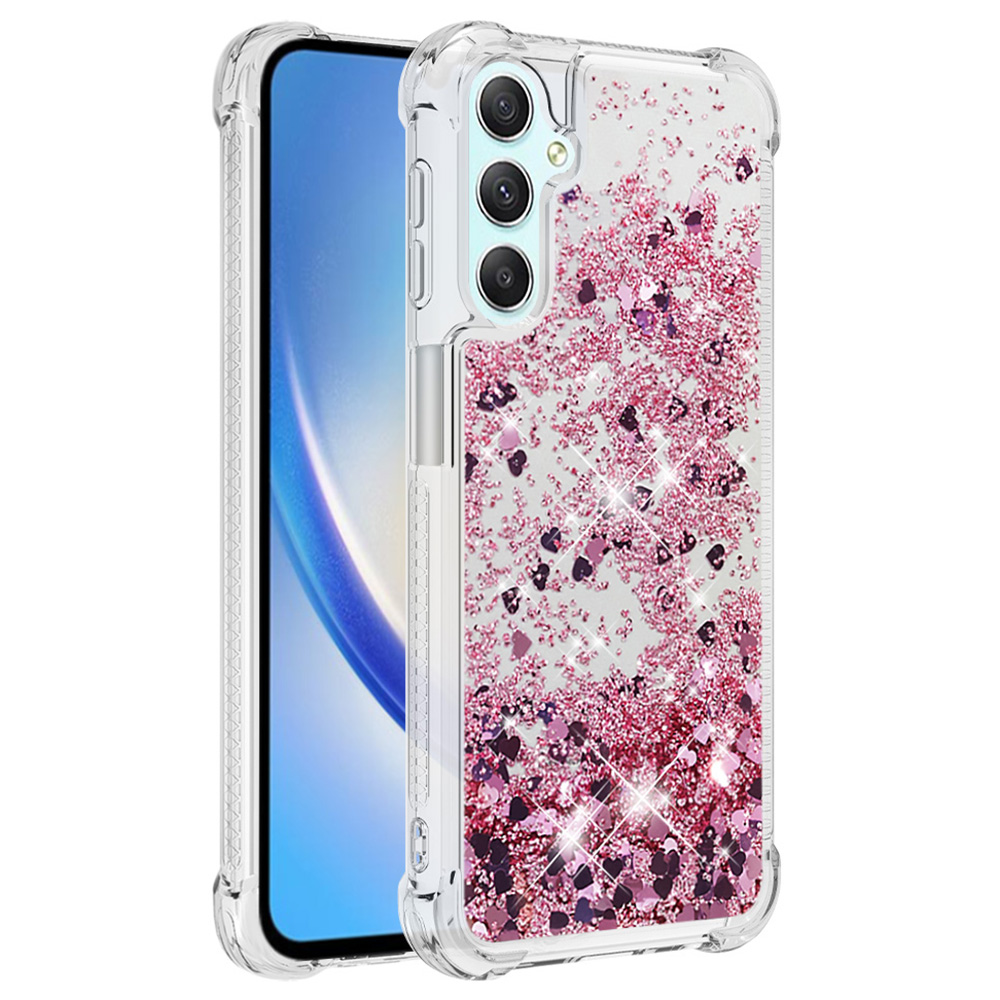 

YB Quicksand Series-1 Glitter Tpu-telefonhülle Für Samsung Galaxy A25 5G / A24 4g, Flüssige Schwimmende Wasserfallabdeckung - Roségold / Herzen, Galaxy A25 5G