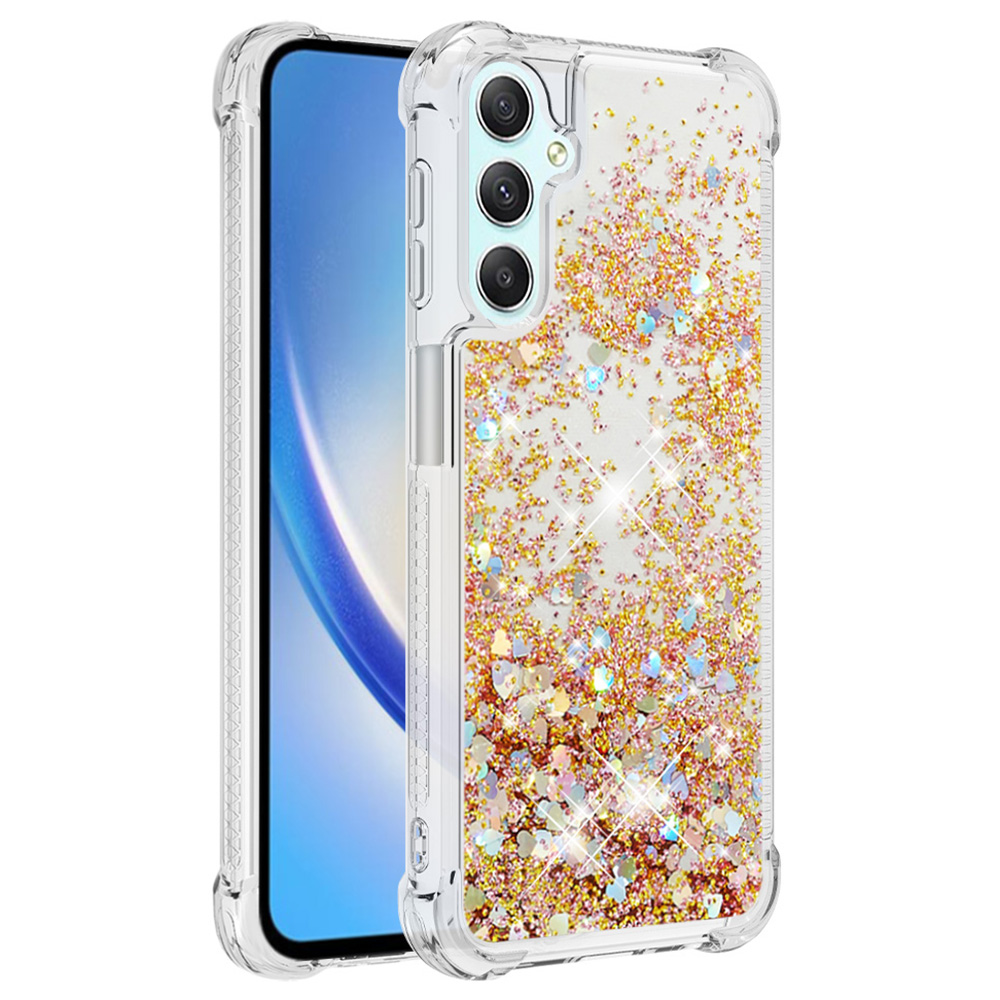 

YB Quicksand Series-1 Glitter Tpu-telefonhülle Für Samsung Galaxy A25 5G / A24 4g, Flüssige Schwimmende Wasserfallabdeckung - Gold / Herzen, Galaxy A25 5G