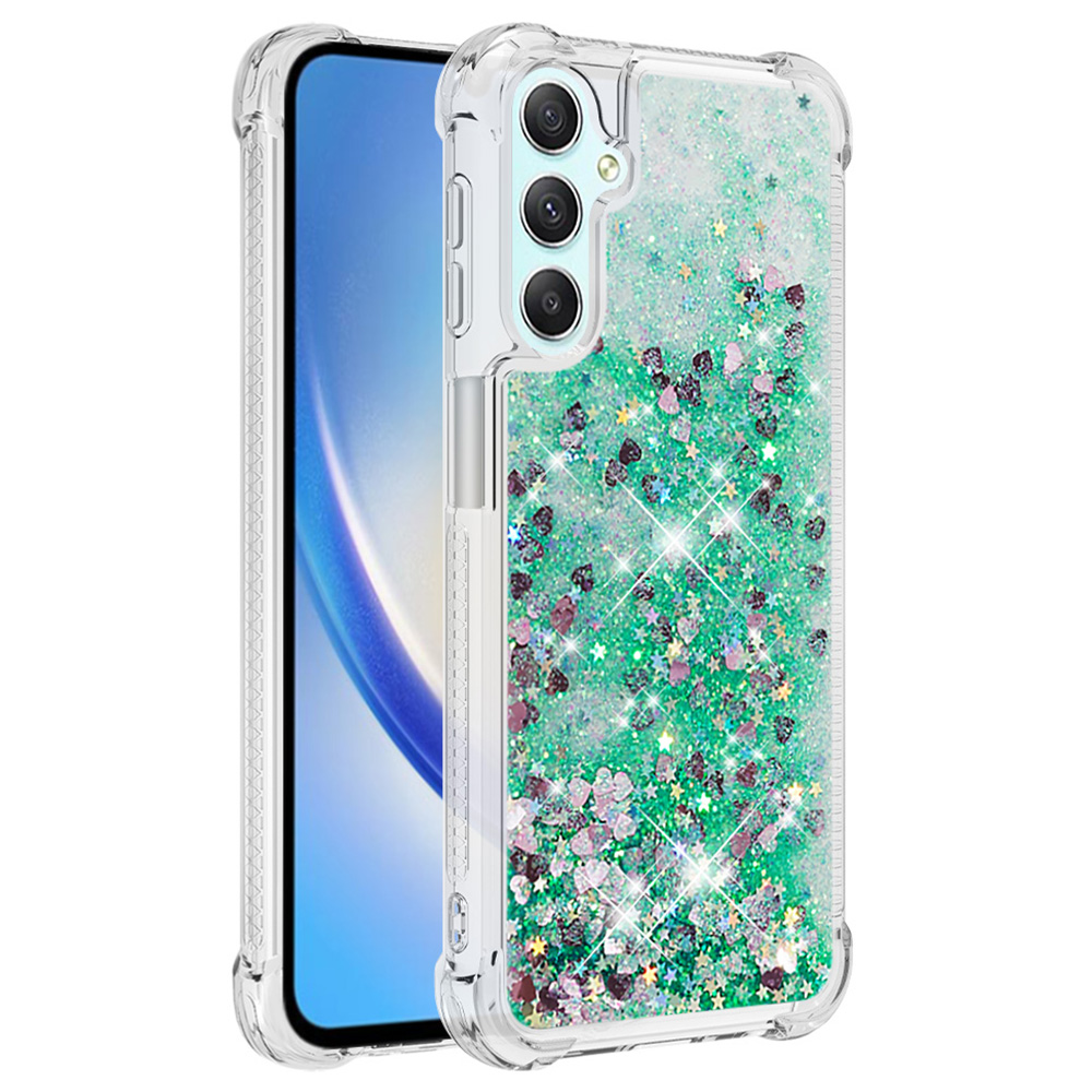 

YB Quicksand Series-1 Glitter Tpu-telefonhülle Für Samsung Galaxy A25 5G / A24 4g, Flüssige Schwimmende Wasserfallabdeckung - Grün / Herzen, Galaxy A25 5G