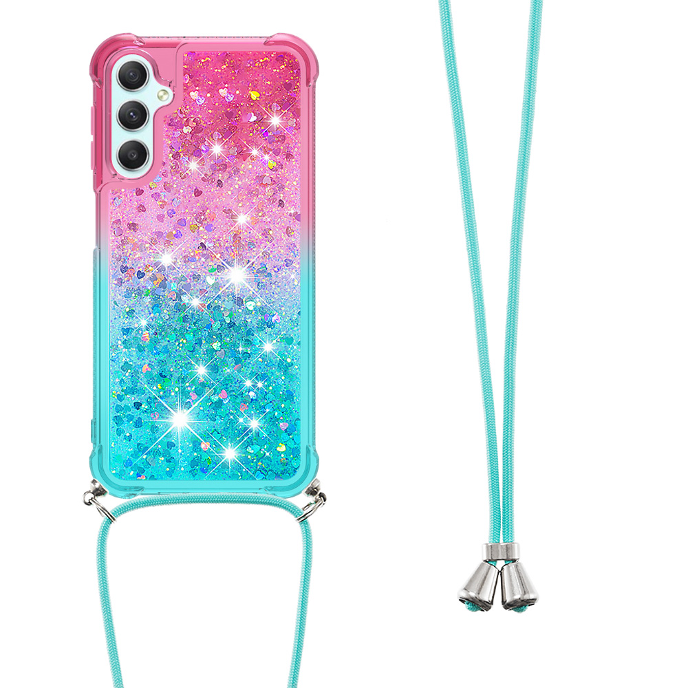 

YB Quicksand Series-6 Tpu-telefonhülle Für Samsung Galaxy A25 5G / A24 4g, Gradienten -glitzerflüssigkeitsabdeckung Mit Lanyard - Pink+himmelblau, Galaxy A25 5G