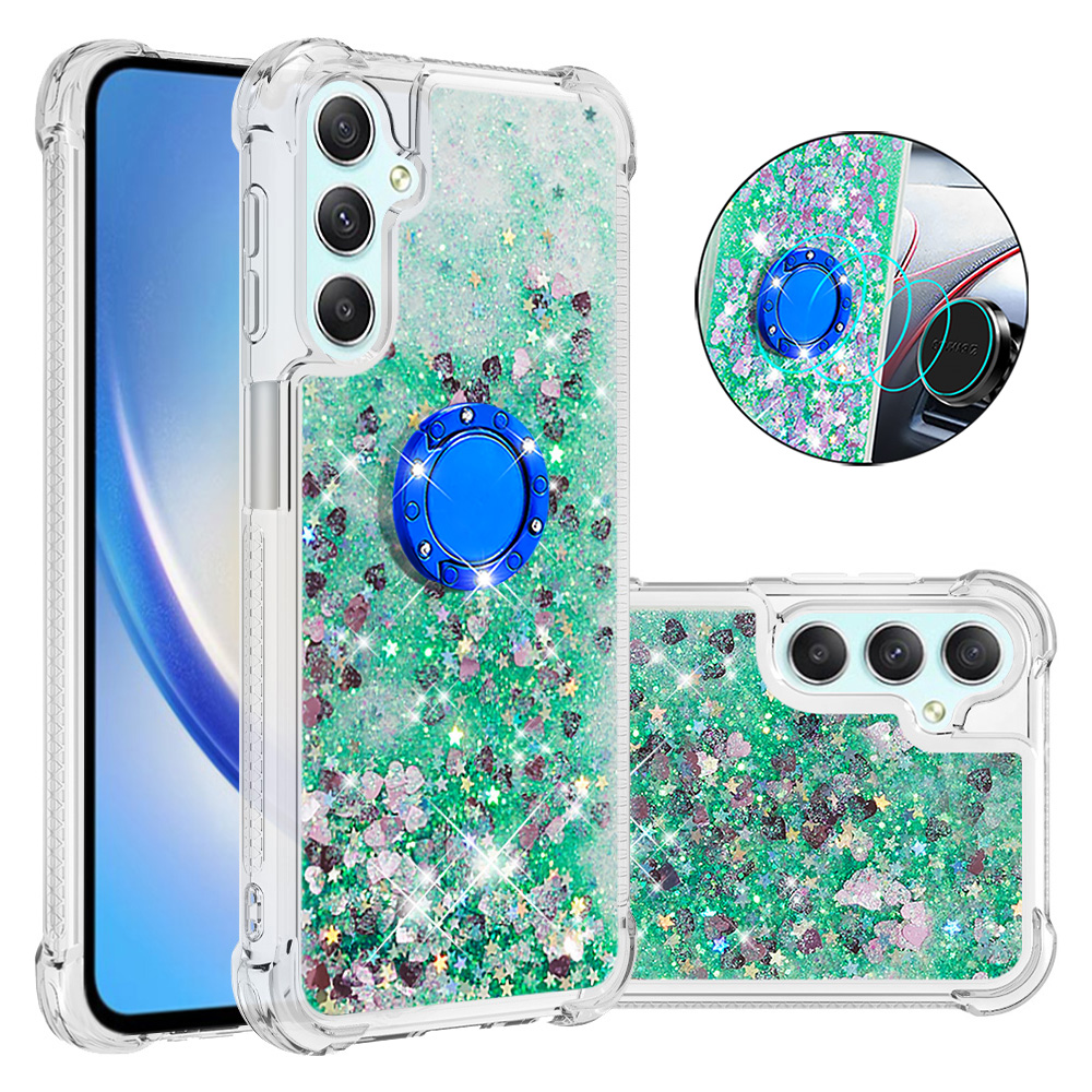 

YB Quicksand Series-7 Flüssigkoffer Für Samsung Galaxy A25 5G / A24 4g, TPU Floating Waterfall Ständer Telefonabdeckung - Grün / Herzen, Galaxy A25 5G