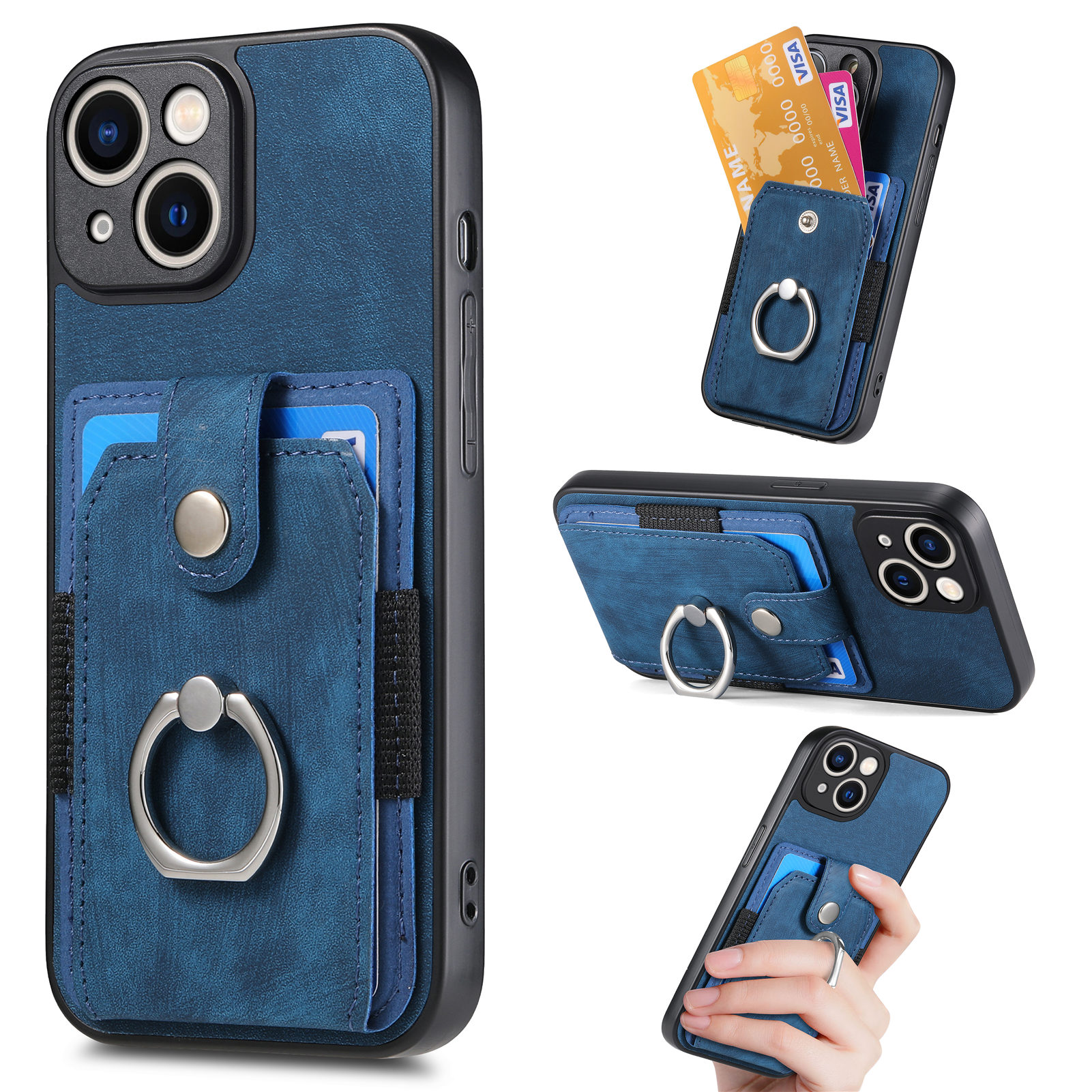

Ring -kickstand -telefonhülle Für Iphone 15 PU -leder -pc+tpu -kartenschlitzabdeckung - Dunkelblau, iPhone 15