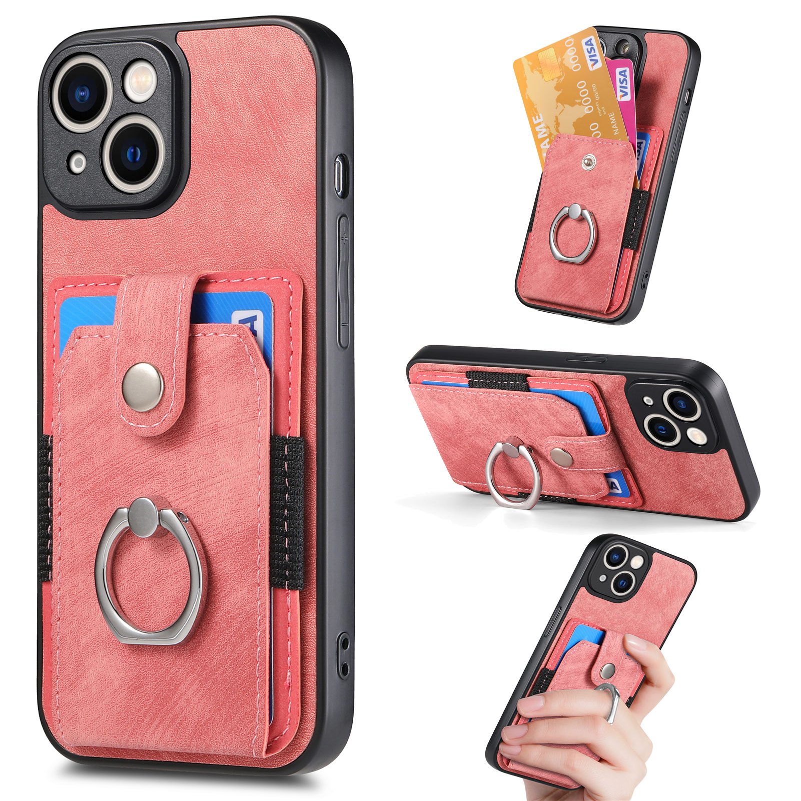 

Für Das Iphone 15 Plus Ring Kickstand Kartenhalter Phone Hülle PU -leder -pc+tpu -abdeckung - Rosa, iPhone 15 Plus