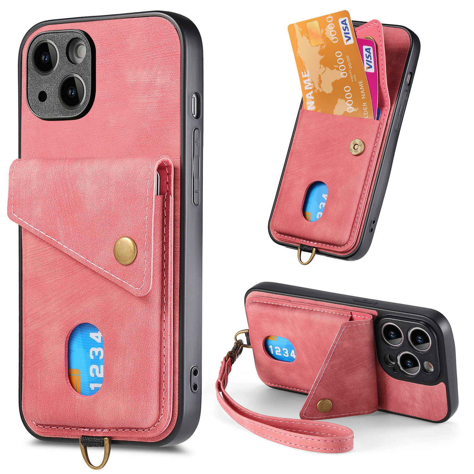 

Kartenhalter Telefon Kickstand Hülle Für Iphone 15, Retro PU -leder -pc+tpu -telefonabdeckung - Rosa, iPhone 15