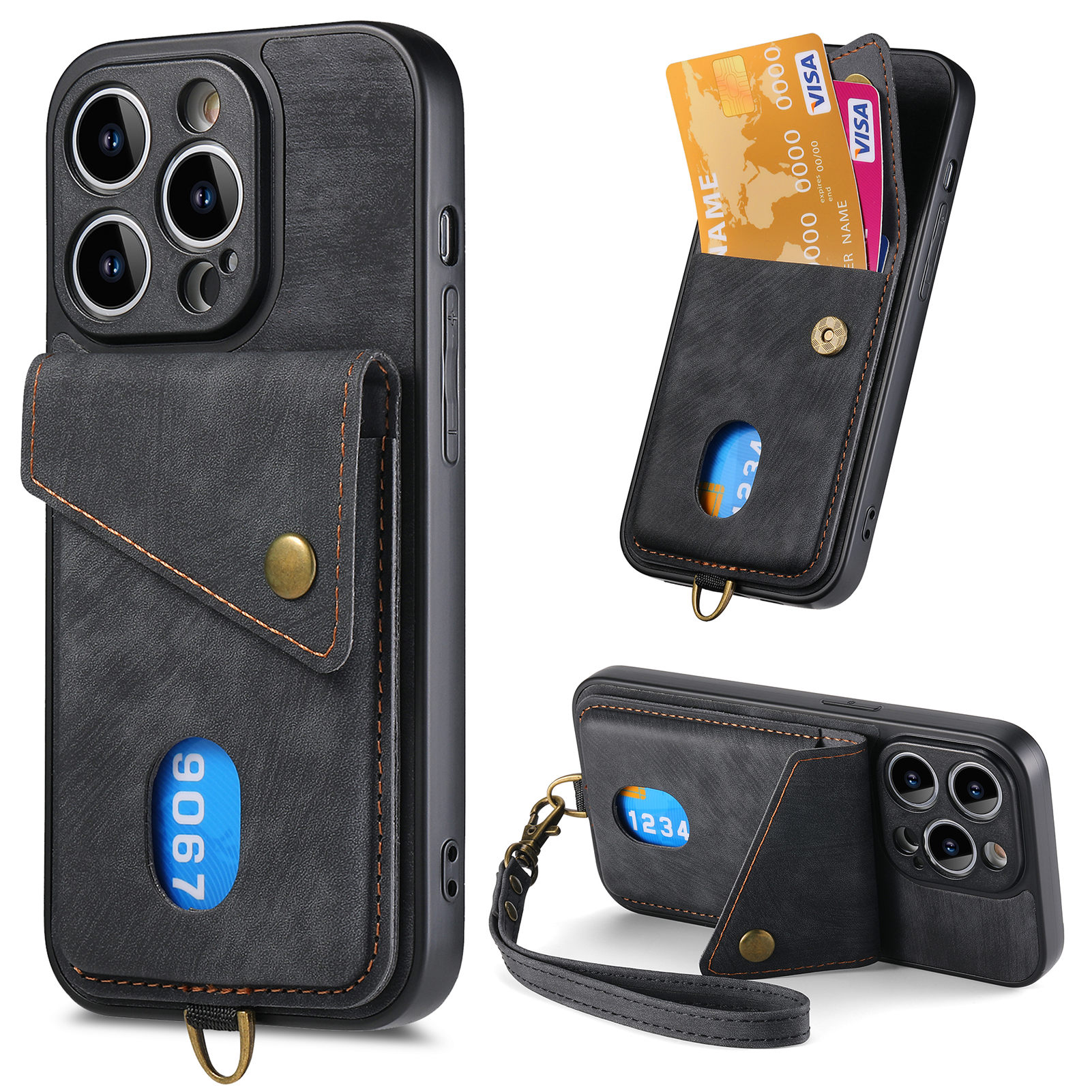 

Kartenhalter -telefonabdeckung Für Iphone 15 Pro, Kickstand Retro PU -leder -pc+tpu -hülle - Schwarz, iPhone 15 Pro