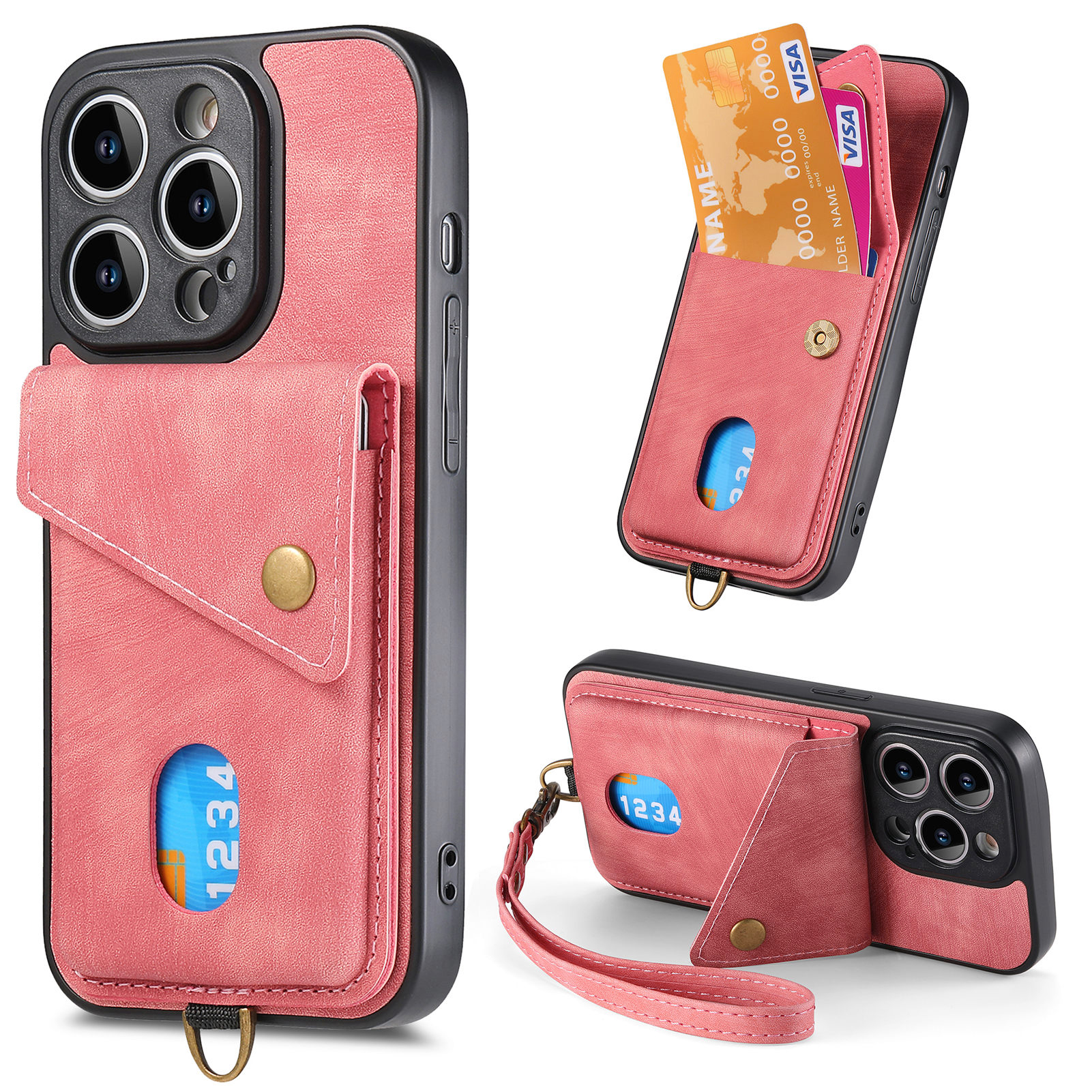 

Kartenhalter Retro -telefonhülle Für Iphone 15 Pro Max, PU -leder -pc+tpu -kickstand Rückzugsabdeckung - Rosa, iPhone 15 Pro Max