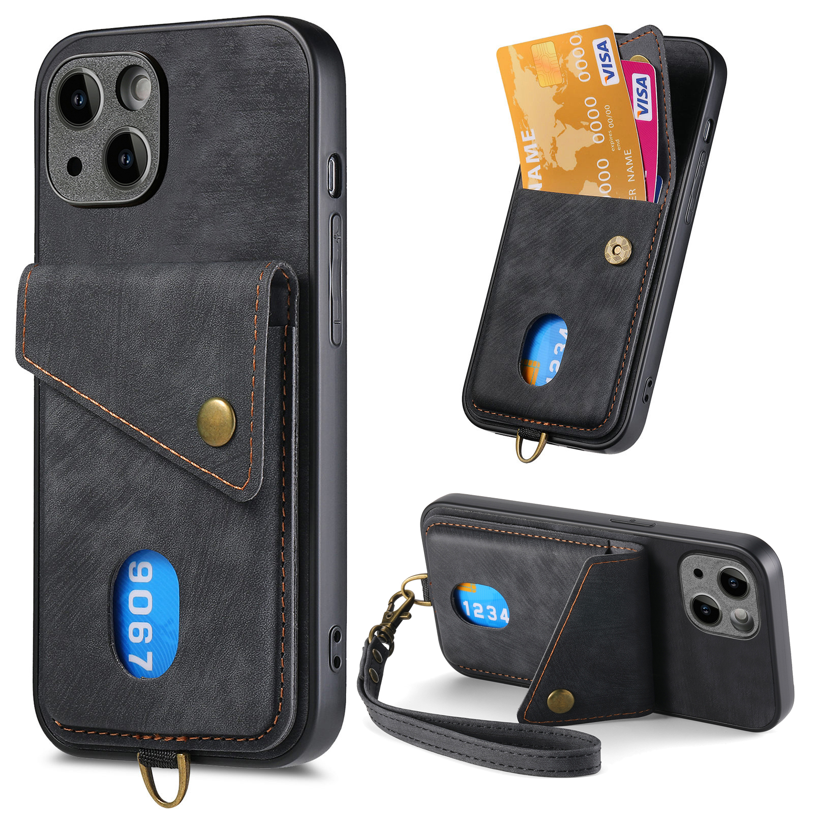 

Lederbeschichtete PC+TPU -hülle Für Iphone 15 Plus, Kartenhalter Kickstand Retro -telefonabdeckung - Schwarz, iPhone 15 Plus