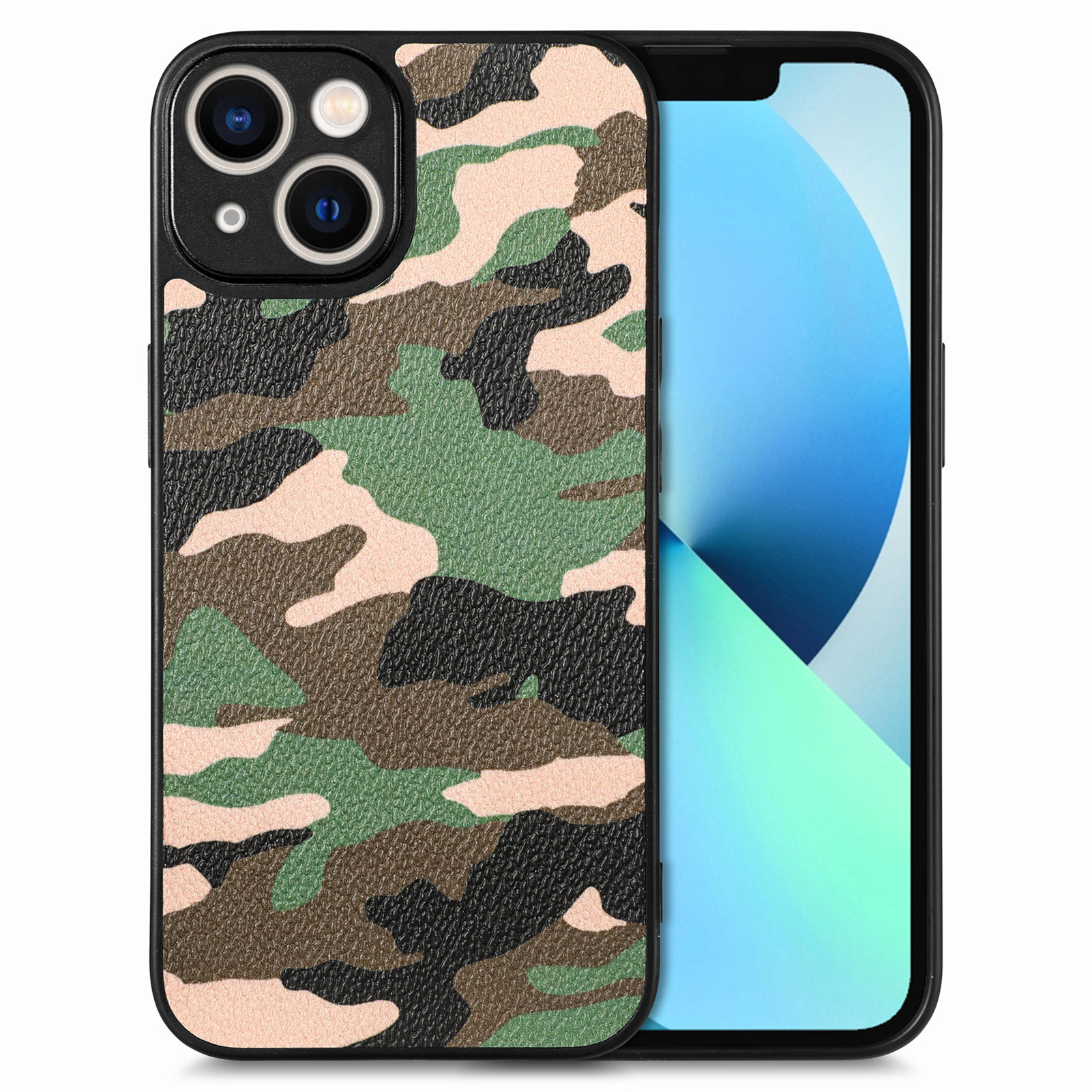 For iPhone 15 Plus Camouflage Precise Cutout Phone Case PU Leather Coated PC+TPU Cover - Green