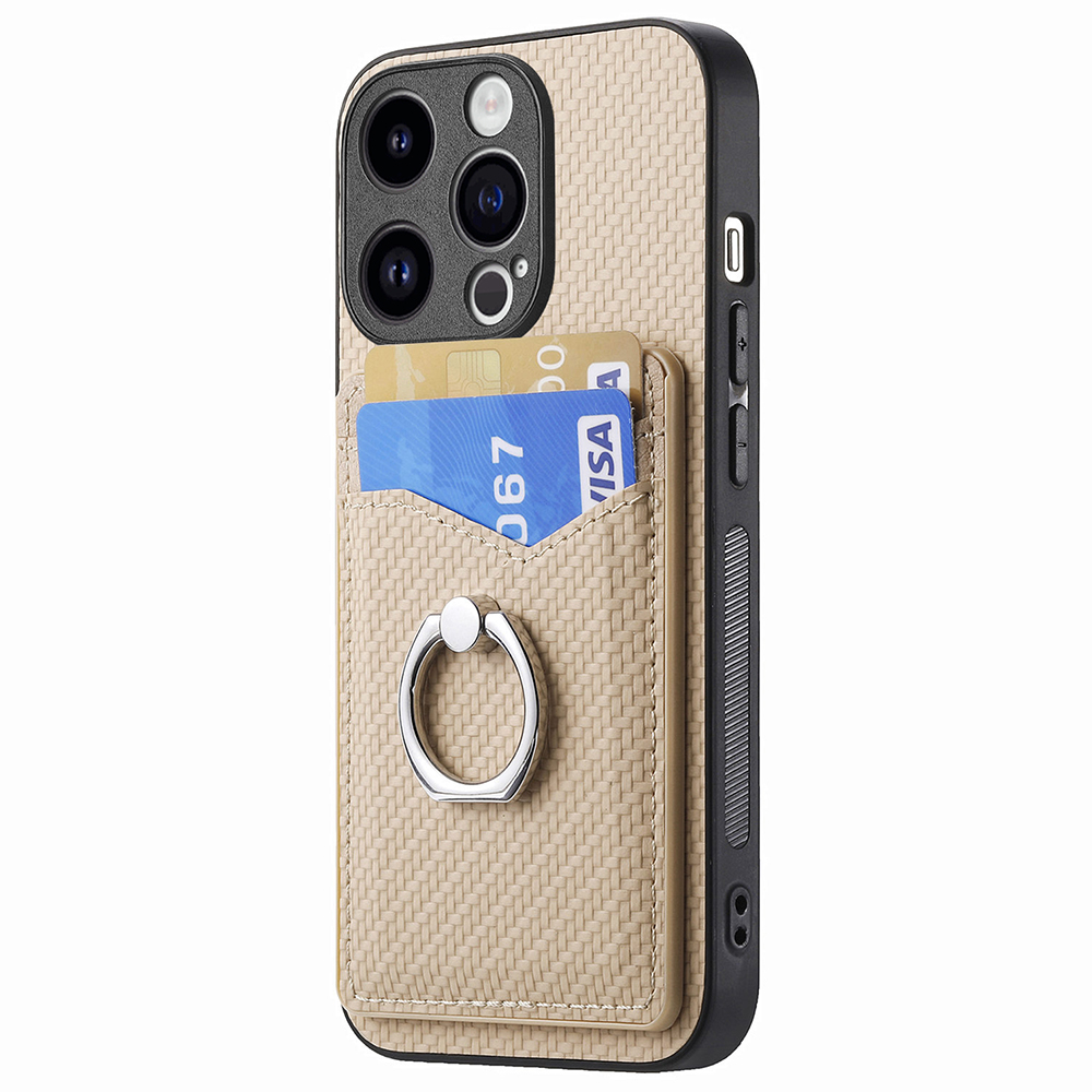 

PU Leder+pc+tpu -telefonhülle Für Iphone 15 Pro, Kohlefaser -texturkartenhalter Ring Kickstand Magnetabdeckung - Aprikose, iPhone 15 Pro