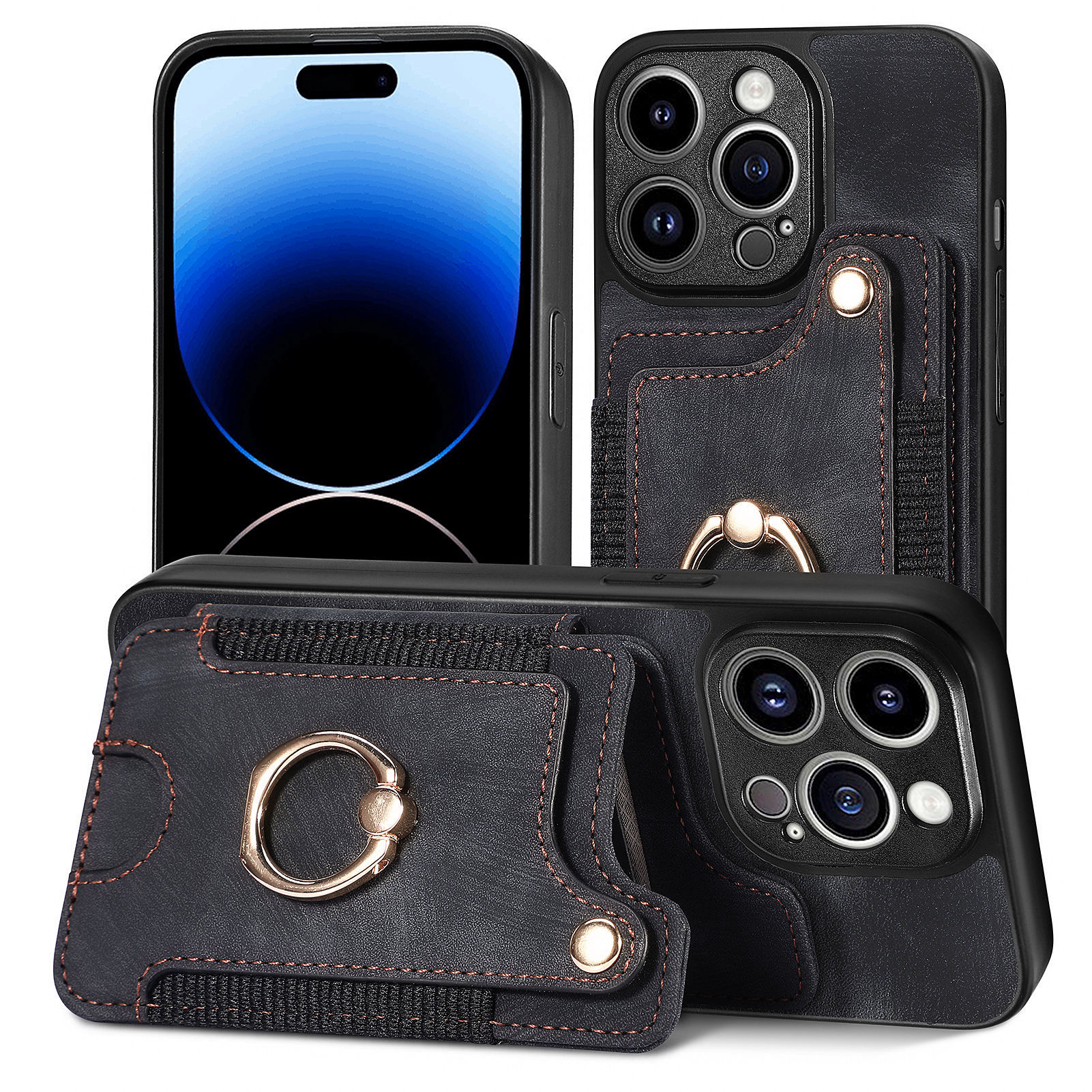 

Telefonhülle Für Iphone 15 Pro Max, RFID -blockierkartenhalter PU Leder+pc+tpu -kickständer Mit Handgurt - Schwarz, iPhone 15 Pro Max