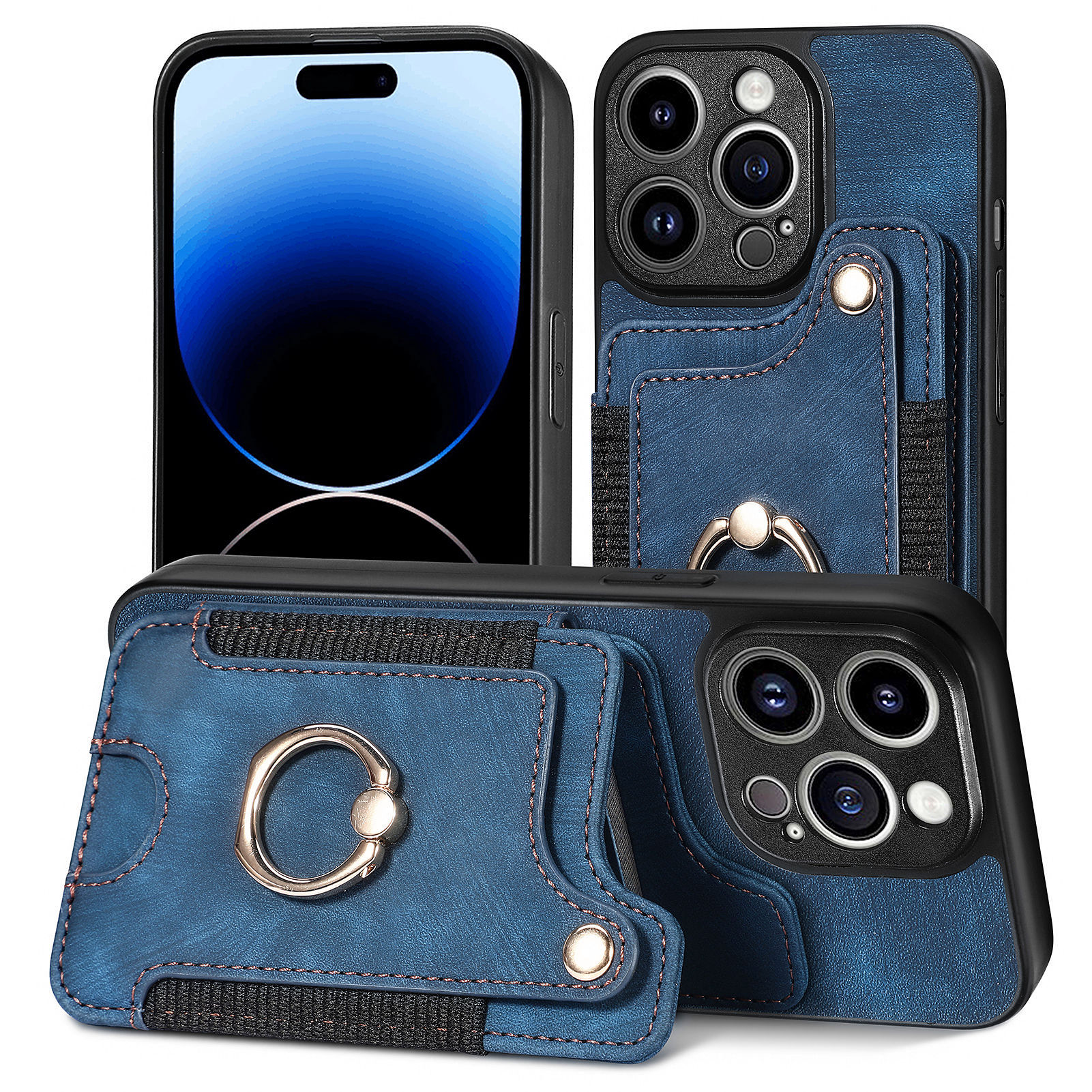 

Telefonhülle Für Iphone 15 Pro Max, RFID -blockierkartenhalter PU Leder+pc+tpu -kickständer Mit Handgurt - Dunkelblau, iPhone 15 Pro Max