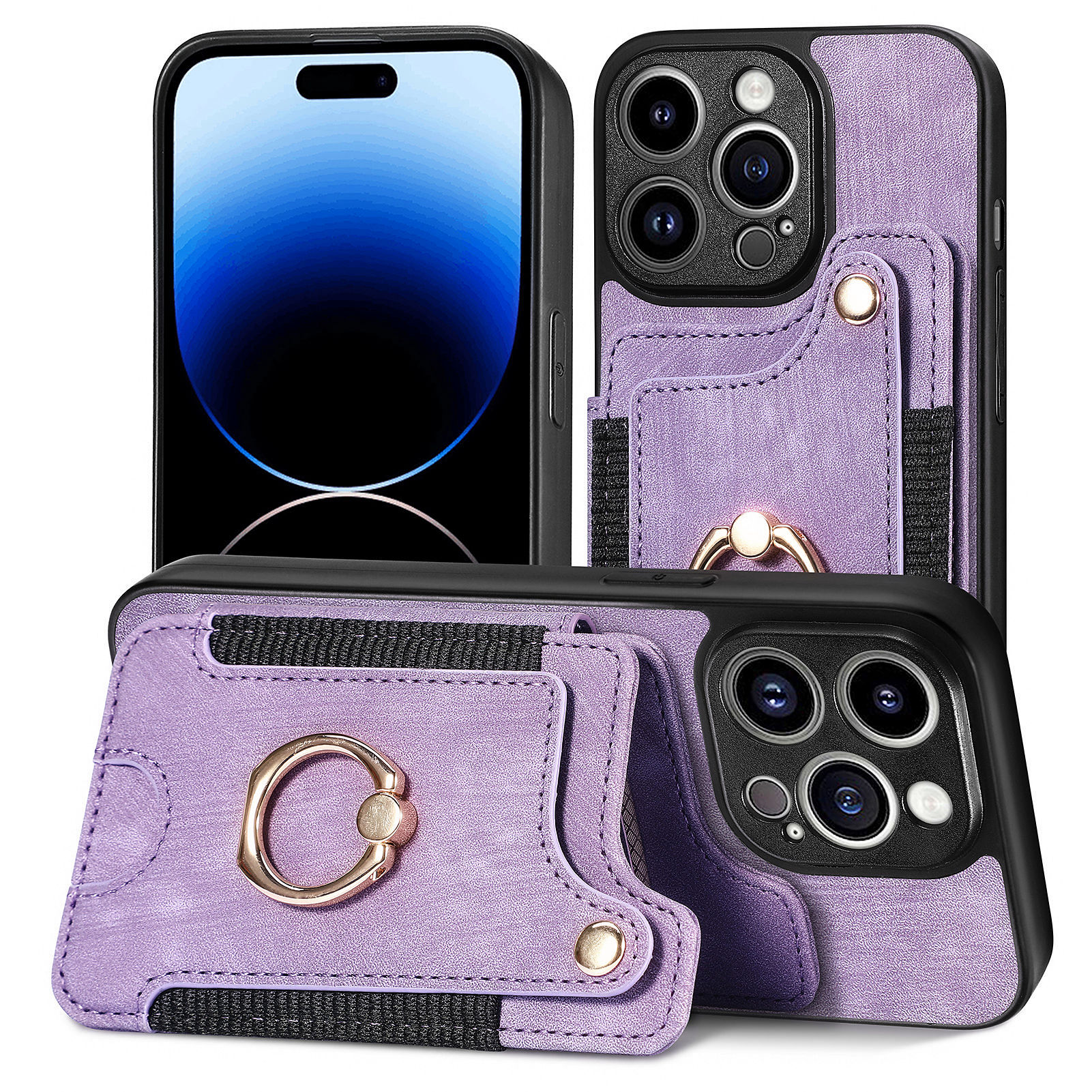 

Telefonhülle Für Iphone 15 Pro Max, RFID -blockierkartenhalter PU Leder+pc+tpu -kickständer Mit Handgurt - Lila, iPhone 15 Pro Max