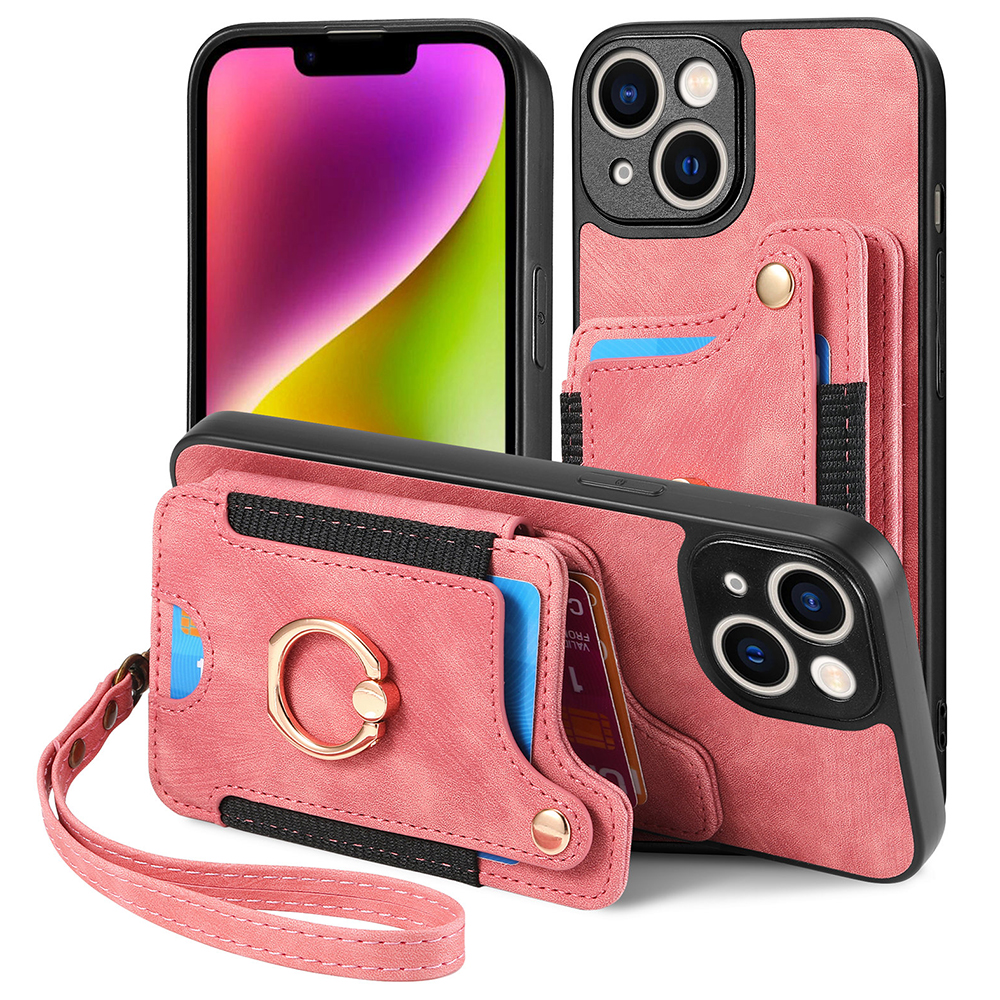 

Anti-drop-telefonhülle Für Iphone 15, Rfid-blockierkartenhalter PU Leder+pc+tpu-kickständer Mit Handgurt - Rosa, iPhone 15