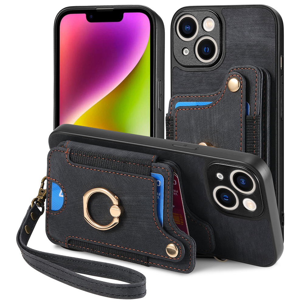 

Telefonhülle Für Iphone 15 Plus, PU Leder+pc+tpu RFID -blockierungskartenhalter Kickstand Cover Mit Handgurt - Schwarz, iPhone 15 Plus