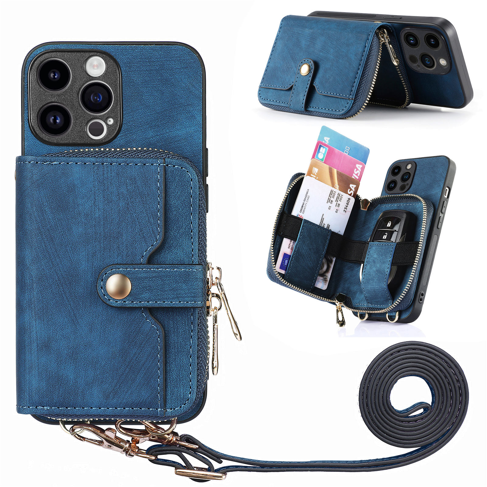 

Kickstand -hülle Für Iphone 15 Pro, Reißverschluss Brieftasche PU Leder+pc+tpu -telefonabdeckung Mit Lanyard - Dunkelblau, iPhone 15 Pro