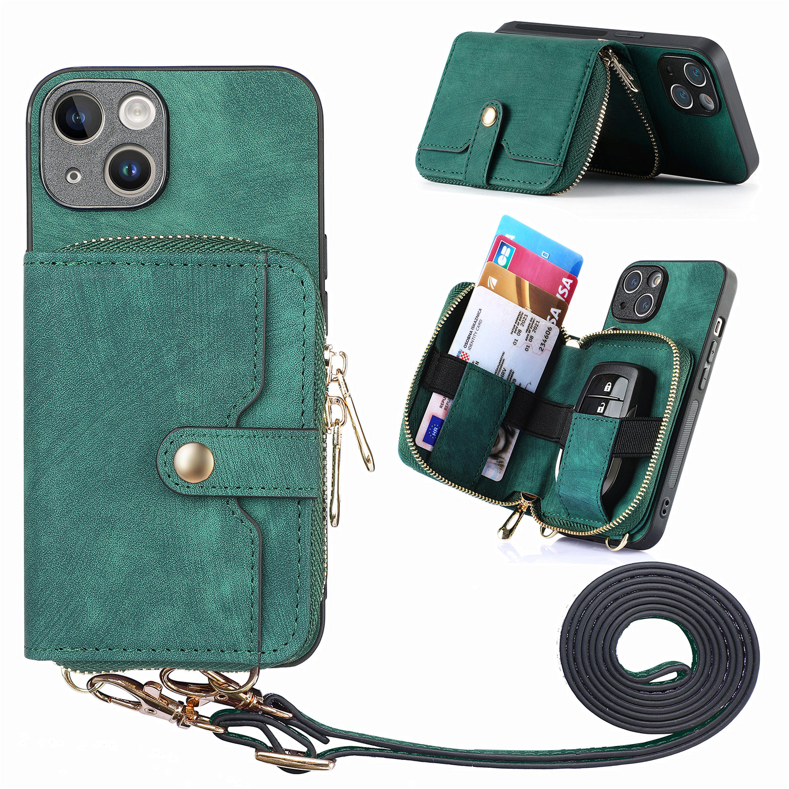 

Zipper -brieftaschen -telefonabdeckung Für Iphone 15 Plus, Mit Leder Beschichtete PC+TPU -kickständer Mit Lanyard - Grün, iPhone 15 Plus