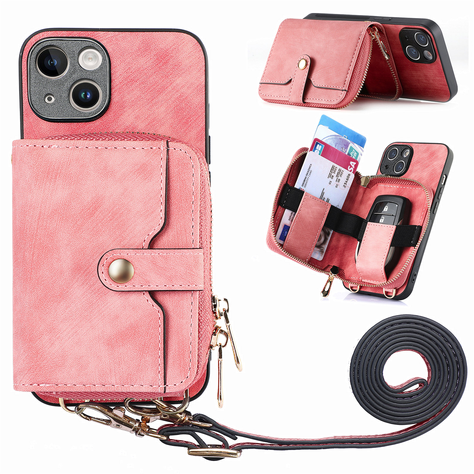 

Zipper -brieftaschen -telefonabdeckung Für Iphone 15 Plus, Mit Leder Beschichtete PC+TPU -kickständer Mit Lanyard - Rosa, iPhone 15 Plus