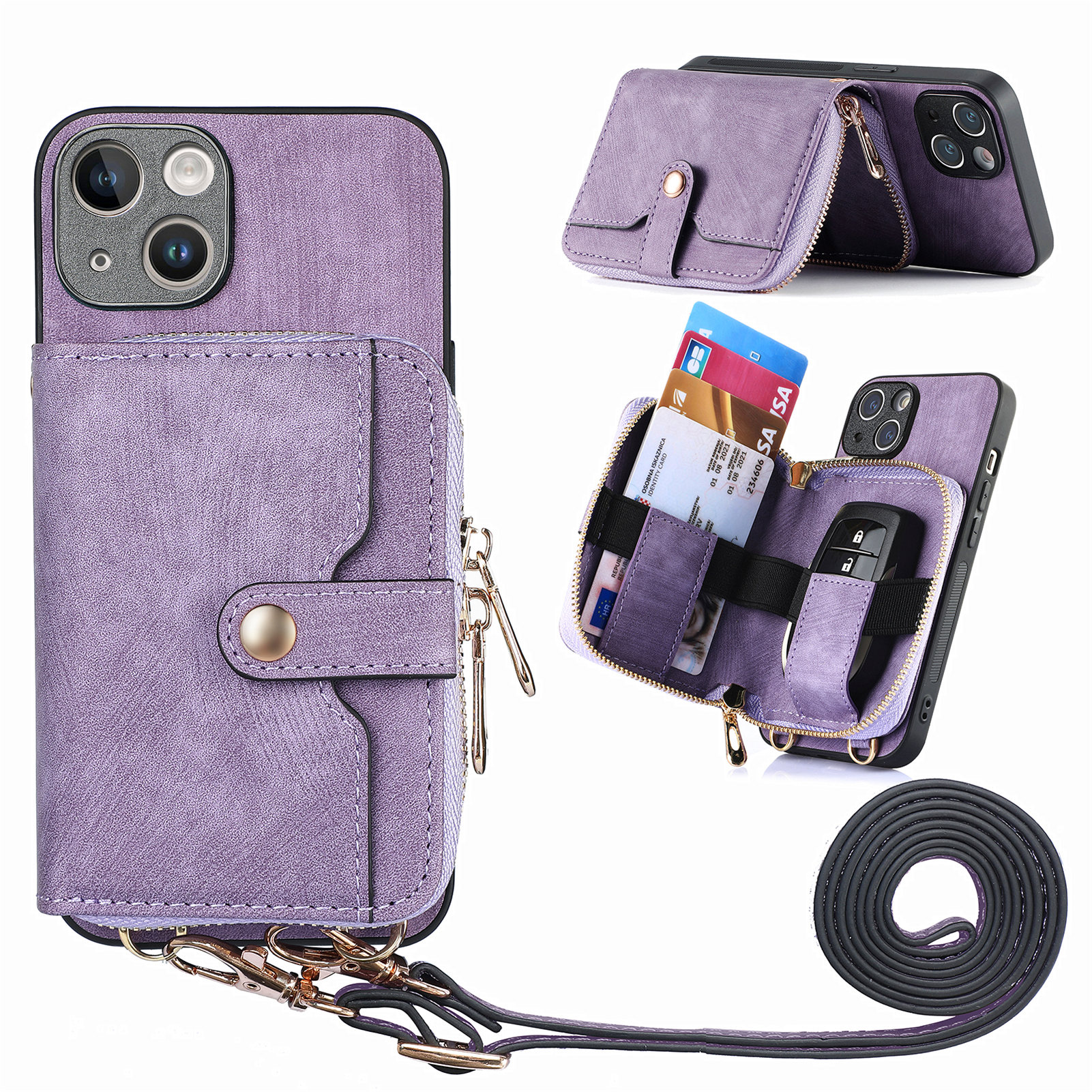 

Zipper -brieftaschen -telefonabdeckung Für Iphone 15 Plus, Mit Leder Beschichtete PC+TPU -kickständer Mit Lanyard - Lila, iPhone 15 Plus