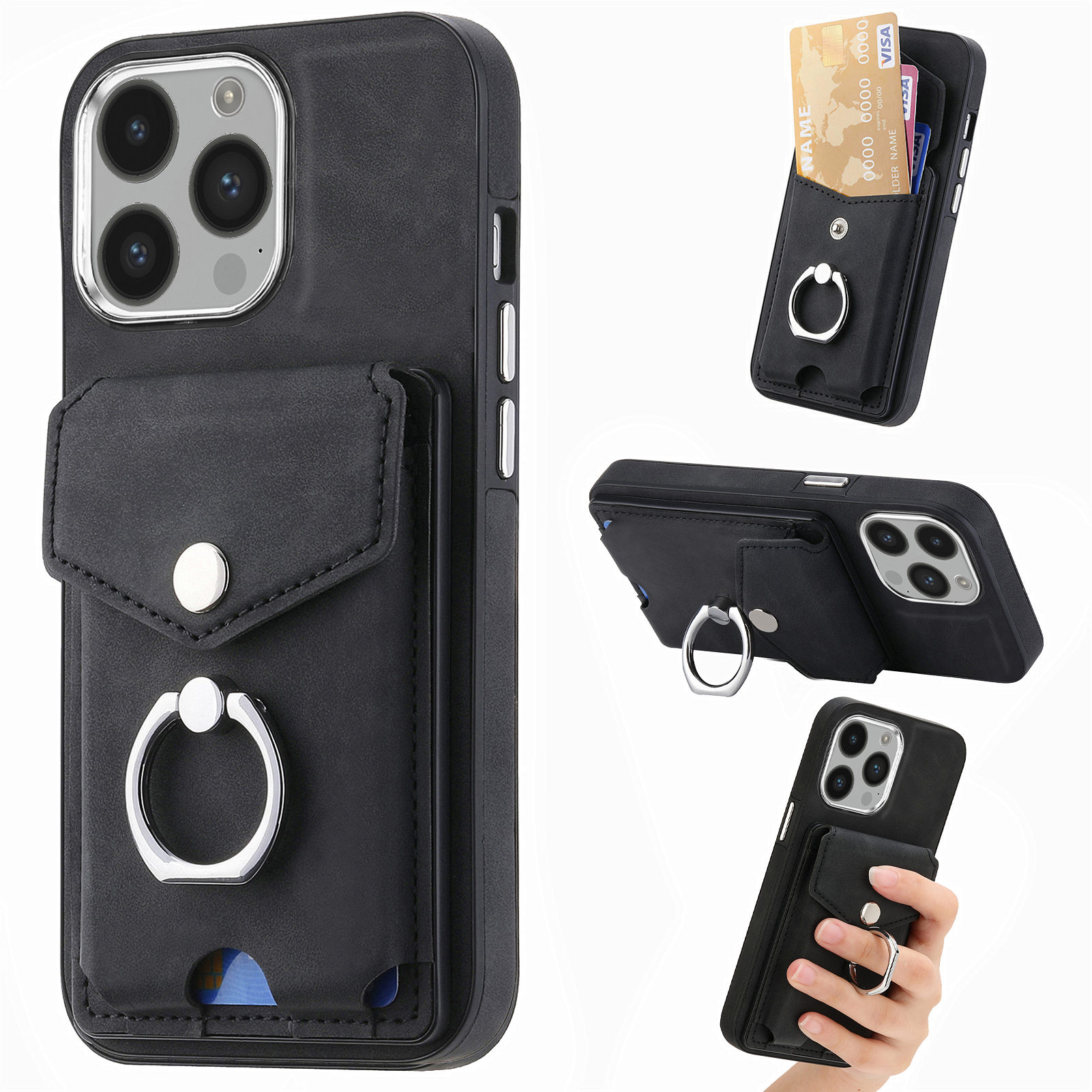 

Für Das Iphone 15 Pro Max -elektroplating Kamera Rahmen Kickstand -kartenbeutel Telefonhülle PU Leder+pc+tpu -abdeckung - Schwarz, iPhone 15 Pro Max