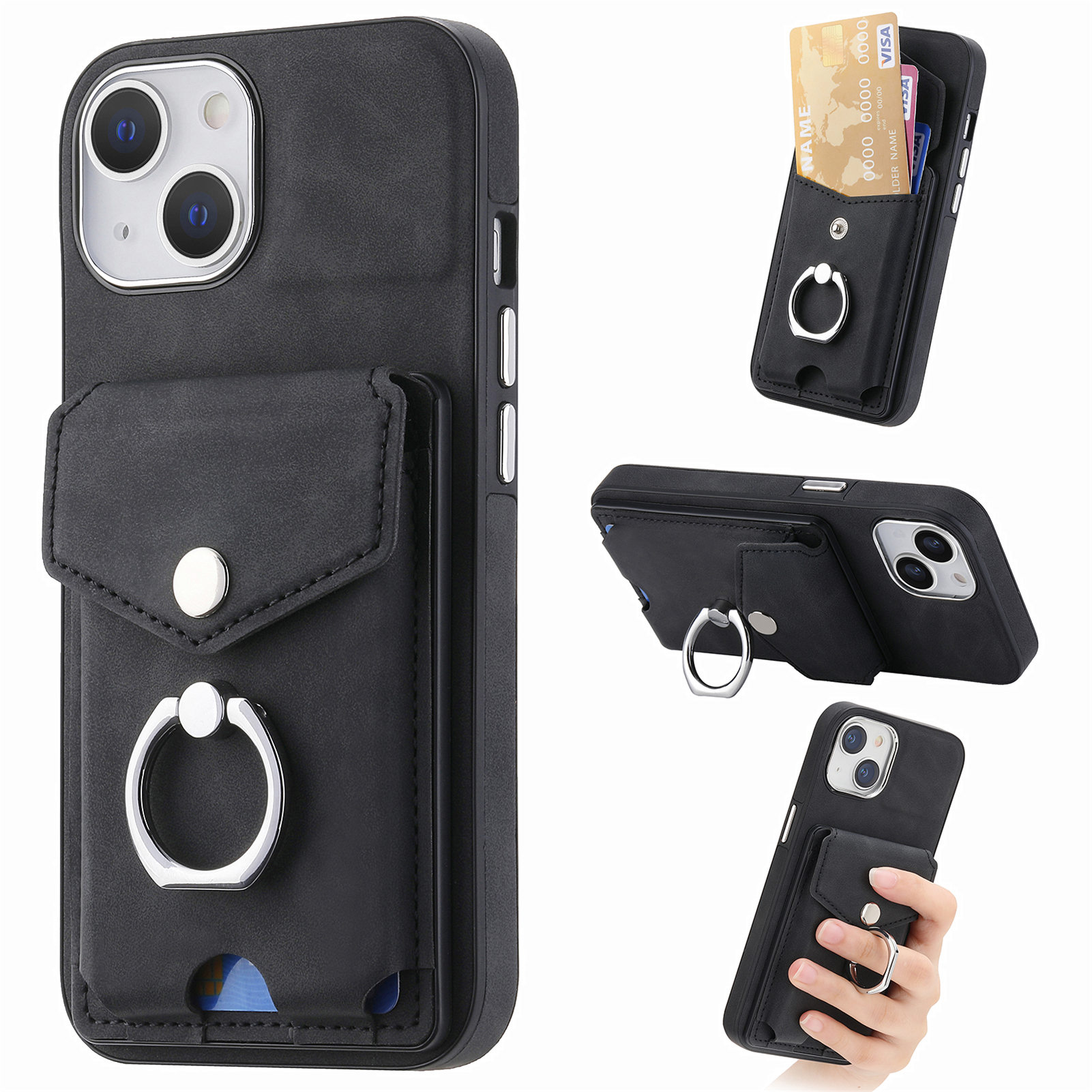 

PU Leder+pc+tpu -abdeckung Für Iphone 15, Elektroplierende Kamera -rahmen -kickstand -karten -bag -telefonhülle - Schwarz, iPhone 15