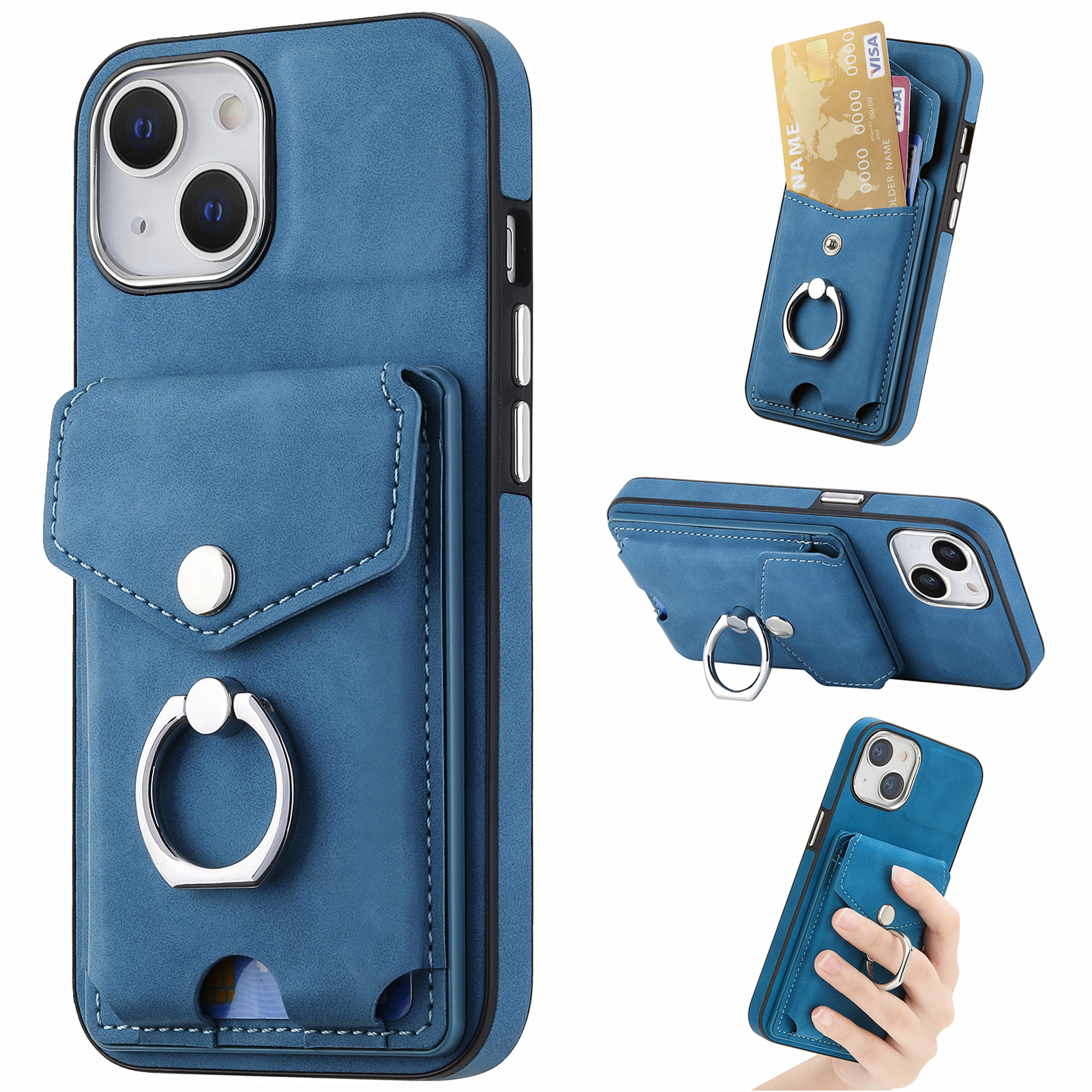 

PU Leder+pc+tpu -abdeckung Für Iphone 15, Elektroplierende Kamera -rahmen -kickstand -karten -bag -telefonhülle - Dunkelblau, iPhone 15
