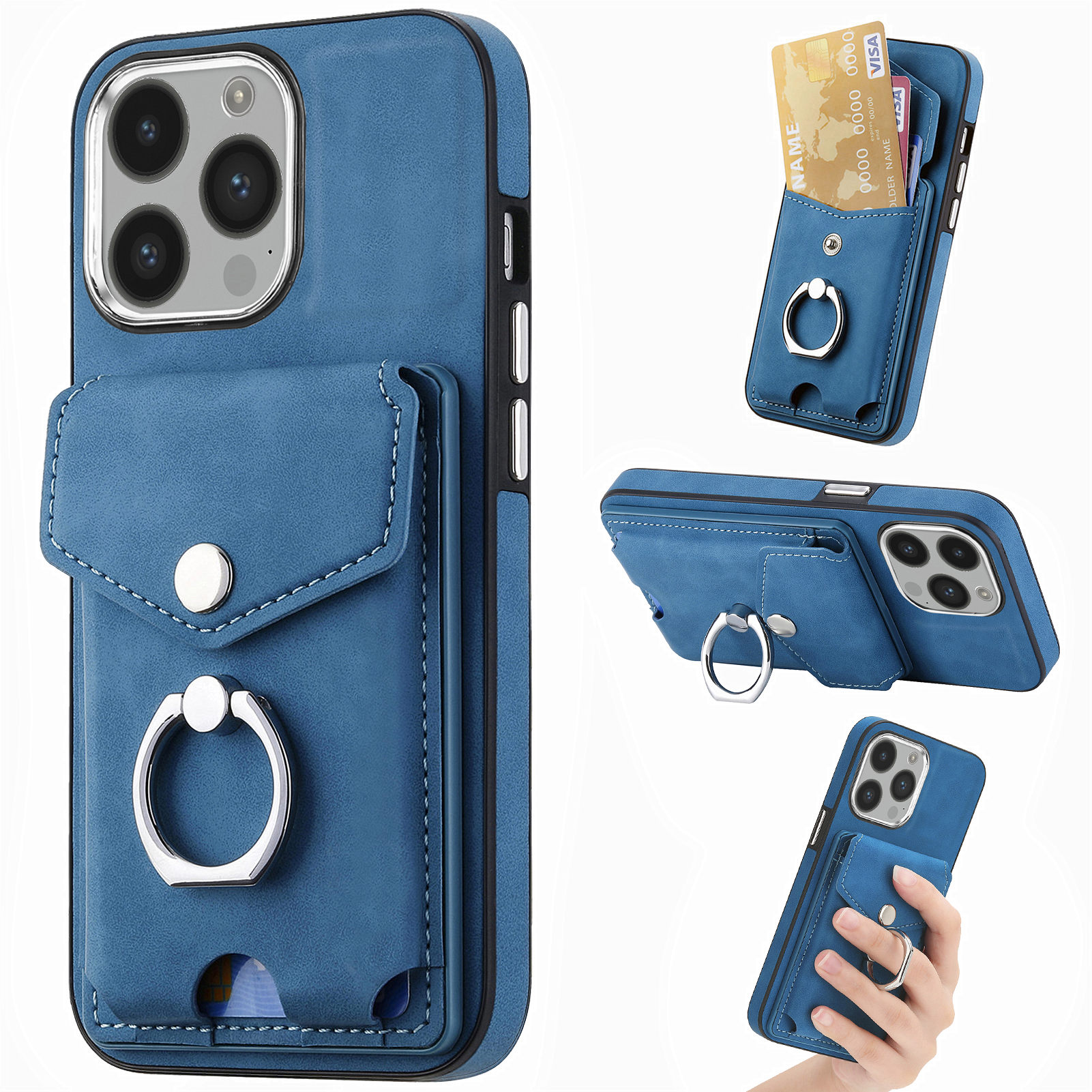 

PU Leder+pc+tpu -abdeckung Für Iphone 15 Pro, Elektroplieren Kamera -rahmenkarten -beutel -telefonhülle Mit Kickstand - Dunkelblau, iPhone 15 Pro
