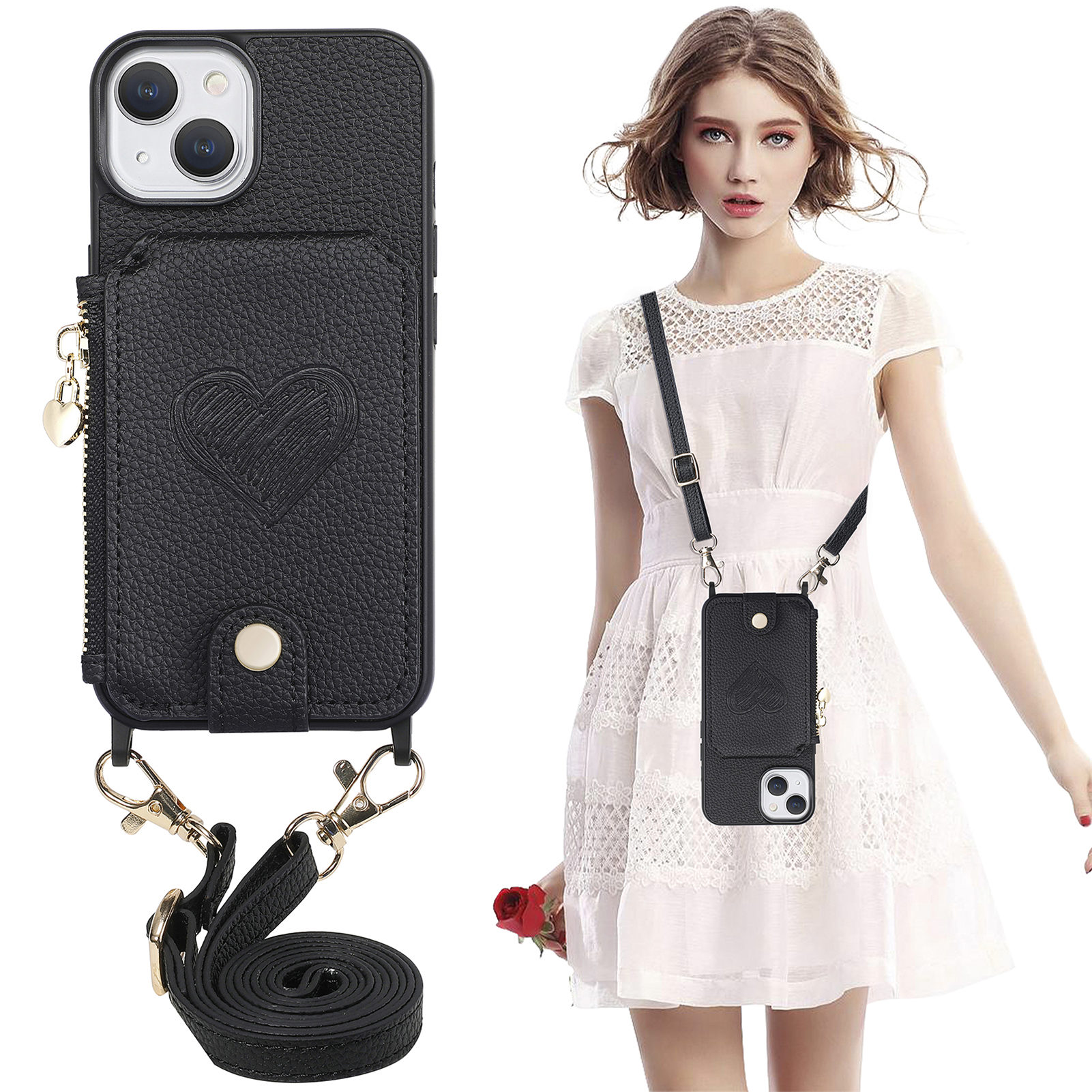 

Für Das Iphone 15 Reißverschluss Brieftasche Deckung Herzabdruck PU Leder+pc+tpu Kickstand -telefonhülle Mit Lanyard - Schwarz, iPhone 15