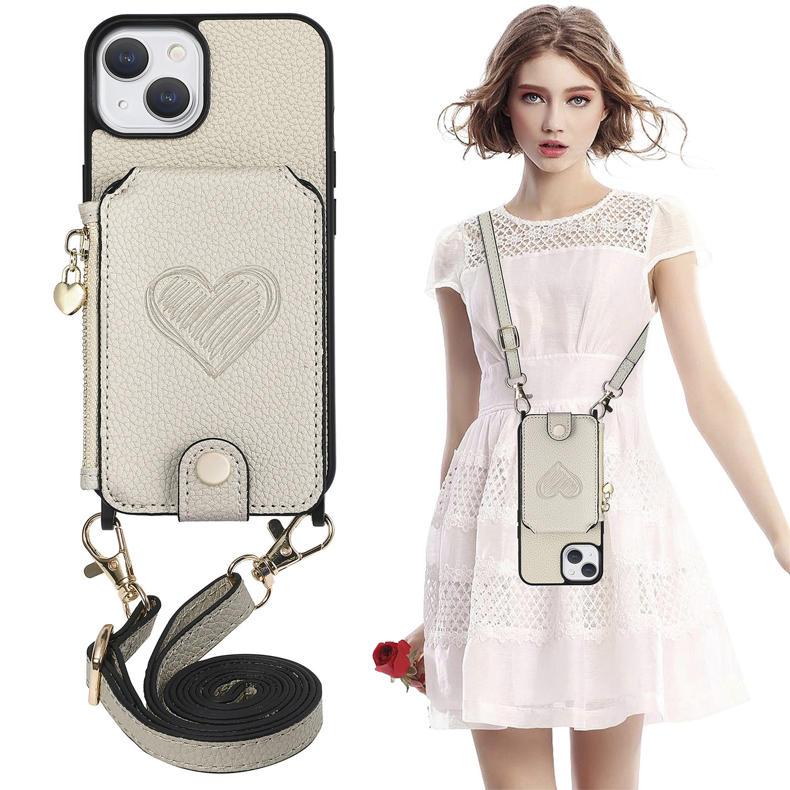

Für Das Iphone 15 Reißverschluss Brieftasche Deckung Herzabdruck PU Leder+pc+tpu Kickstand -telefonhülle Mit Lanyard - Hellgrau, iPhone 15