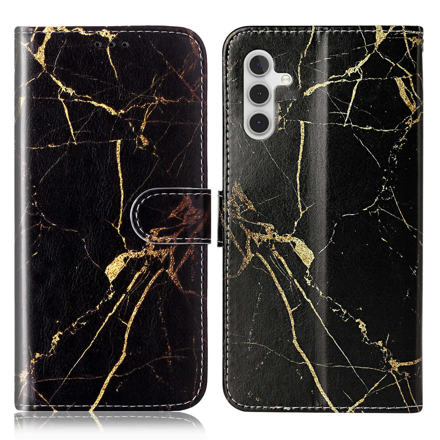 

Für Samsung Galaxy S23 fe PU Leder -muster -druckhülle Wallet Stand Schockdelie Telefonabdeckung - Schwarzer Gold Marmor, Galaxy S23 FE