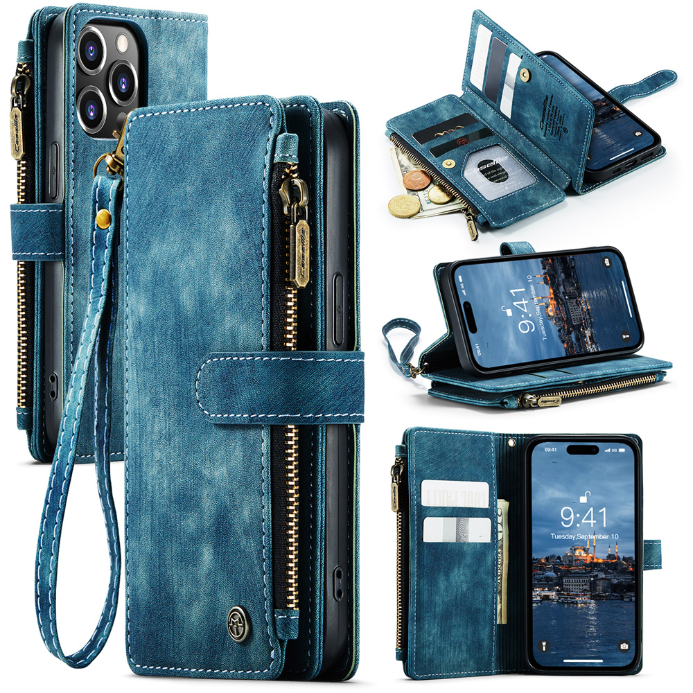 

Caseme C30 -serie Für Iphone 15 Ultra Multiple Kartensteckplätze Lederhülle Reißverschluss Taschenbrieftasche Cover - Blau, iPhone 15 Pro Max