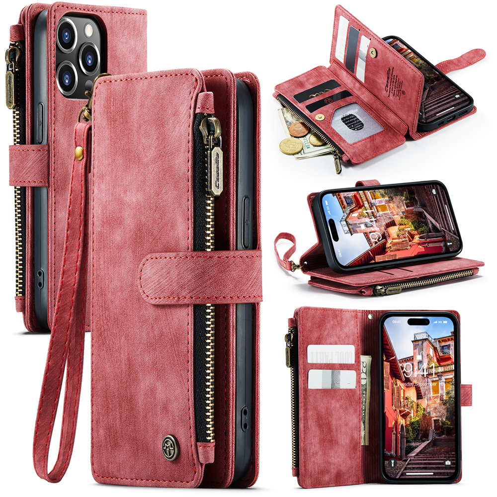 

Caseme C30 -serie Für Iphone 15 Ultra Multiple Kartensteckplätze Lederhülle Reißverschluss Taschenbrieftasche Cover - Rot, iPhone 15 Pro Max
