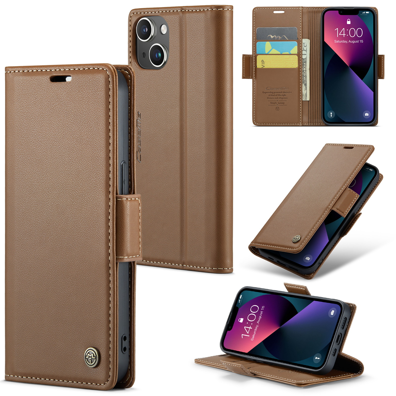 

Caseme 023 -serie Für Iphone 15 RFID Blockierende Litchi Texture Phone Cover Lederstand Wallet Hülle - Braun, iPhone 15