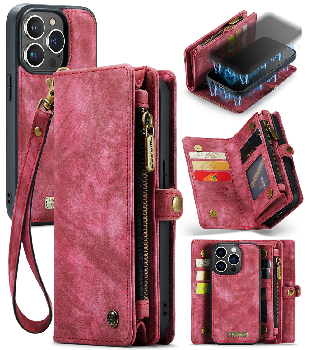 

Caseme 008 -serie Für Iphone 15 Ultra Reißverschluss -taschen -ständer Brieftasche Telefonhülle Abnehmbare Lederschutzabdeckung - Rot, iPhone 15 Pro Max