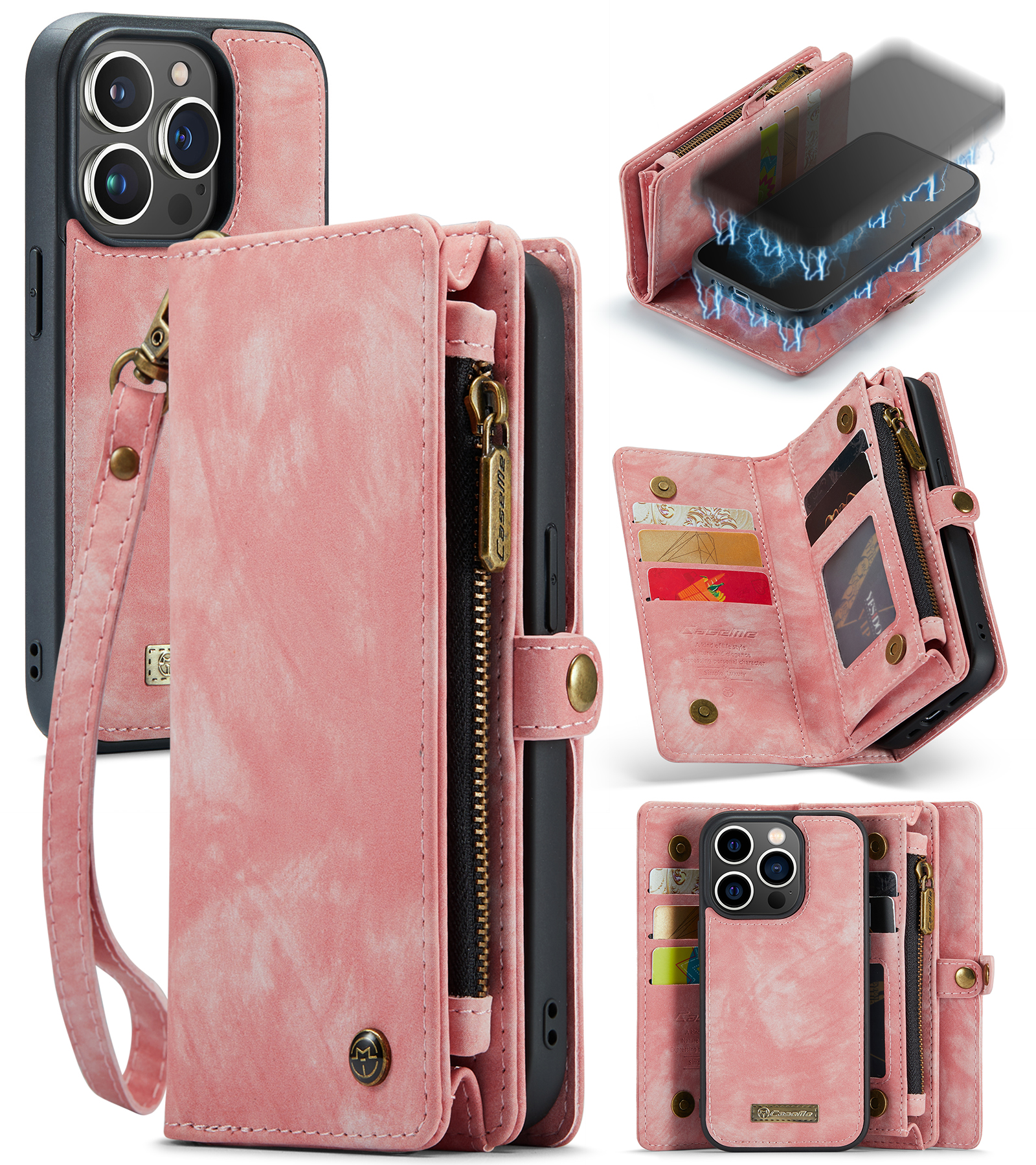 

Caseme 008 -serie Für Iphone 15 Ultra Reißverschluss -taschen -ständer Brieftasche Telefonhülle Abnehmbare Lederschutzabdeckung - Rosa, iPhone 15 Pro Max