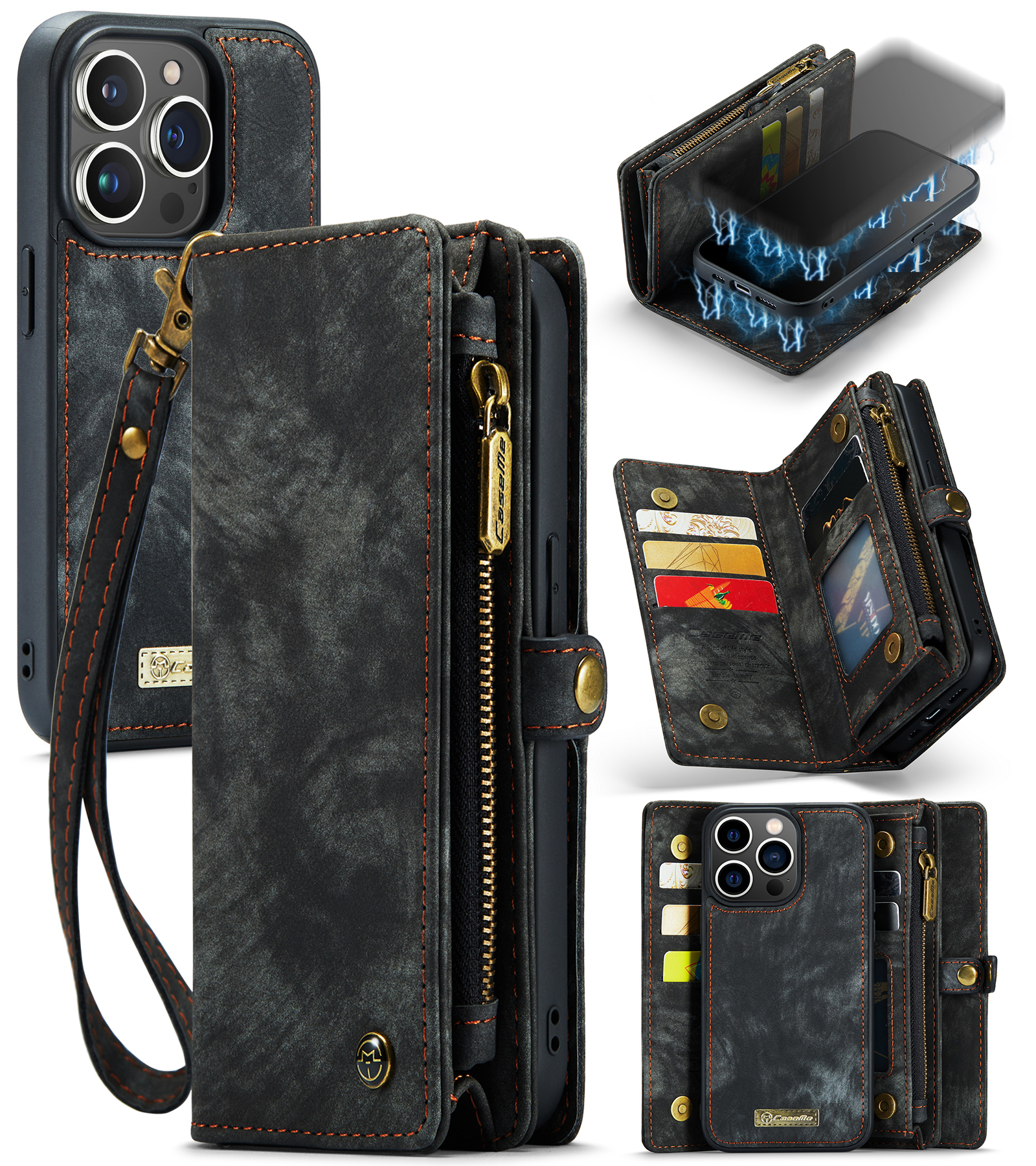 

Caseme 008 -serie Für Iphone 15 Pro Reißverschluss -taschenbrieftasche Abzug Abnehmbares Leder+tpu -telefonhülle - Schwarz, iPhone 15 Pro