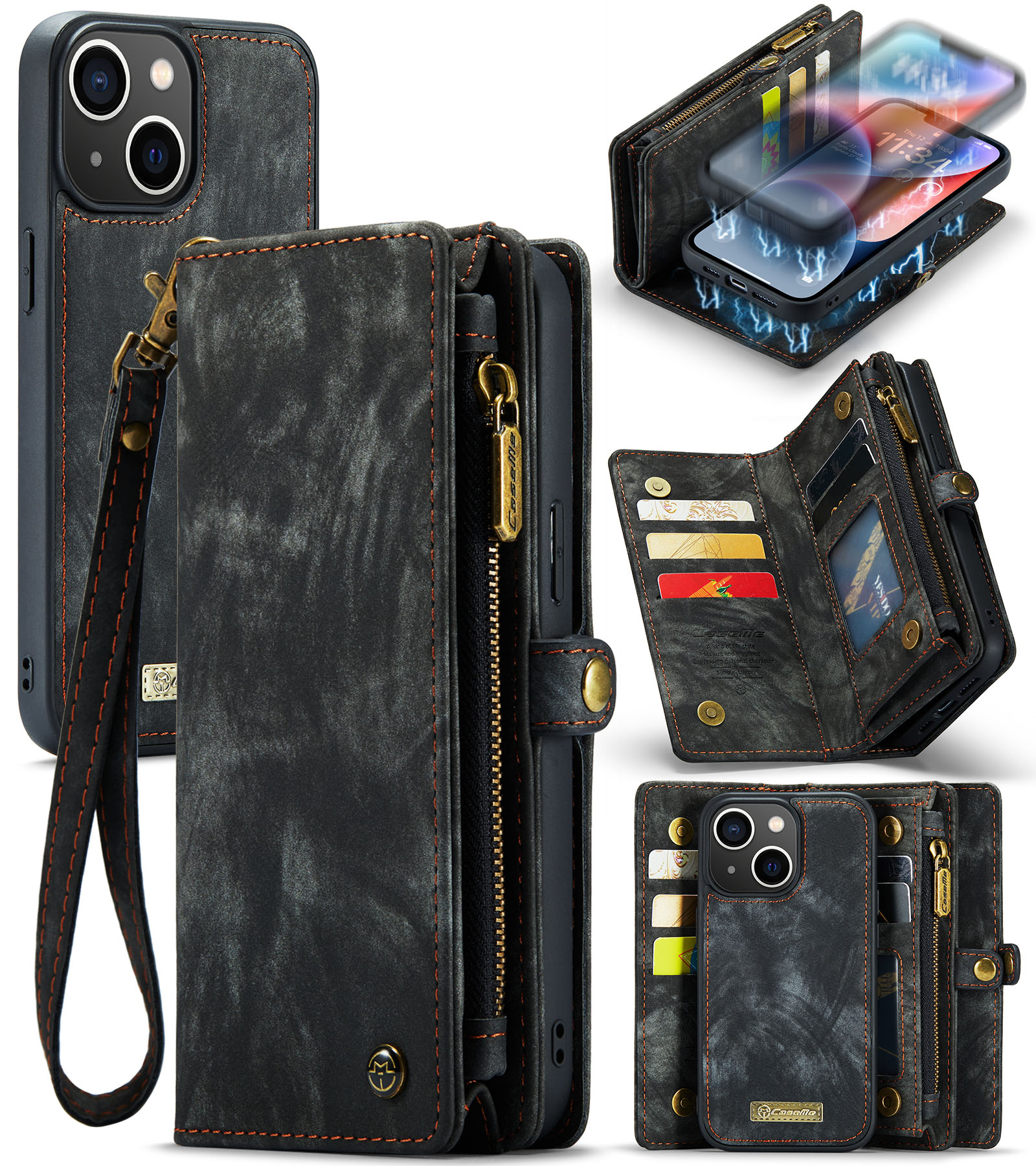 

Caseme 008 -serie Für Iphone 15 Plus Reißverschlusspocket Abnehmbarer Lederabdeckung Brieftasche Telefonhülle - Schwarz, iPhone 15 Plus