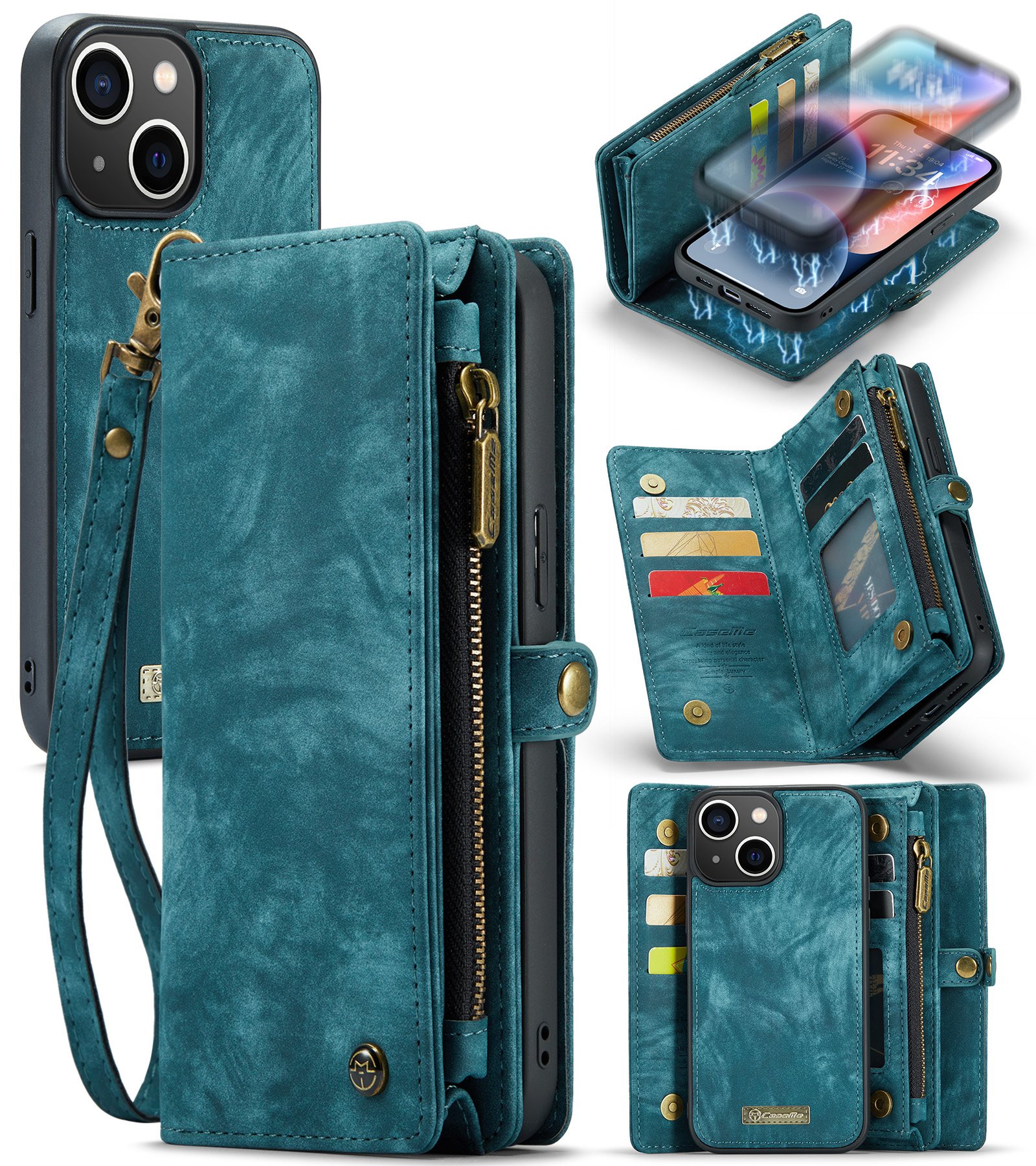 

Caseme 008 -serie Für Iphone 15 Plus Reißverschlusspocket Abnehmbarer Lederabdeckung Brieftasche Telefonhülle - Blau, iPhone 15 Plus