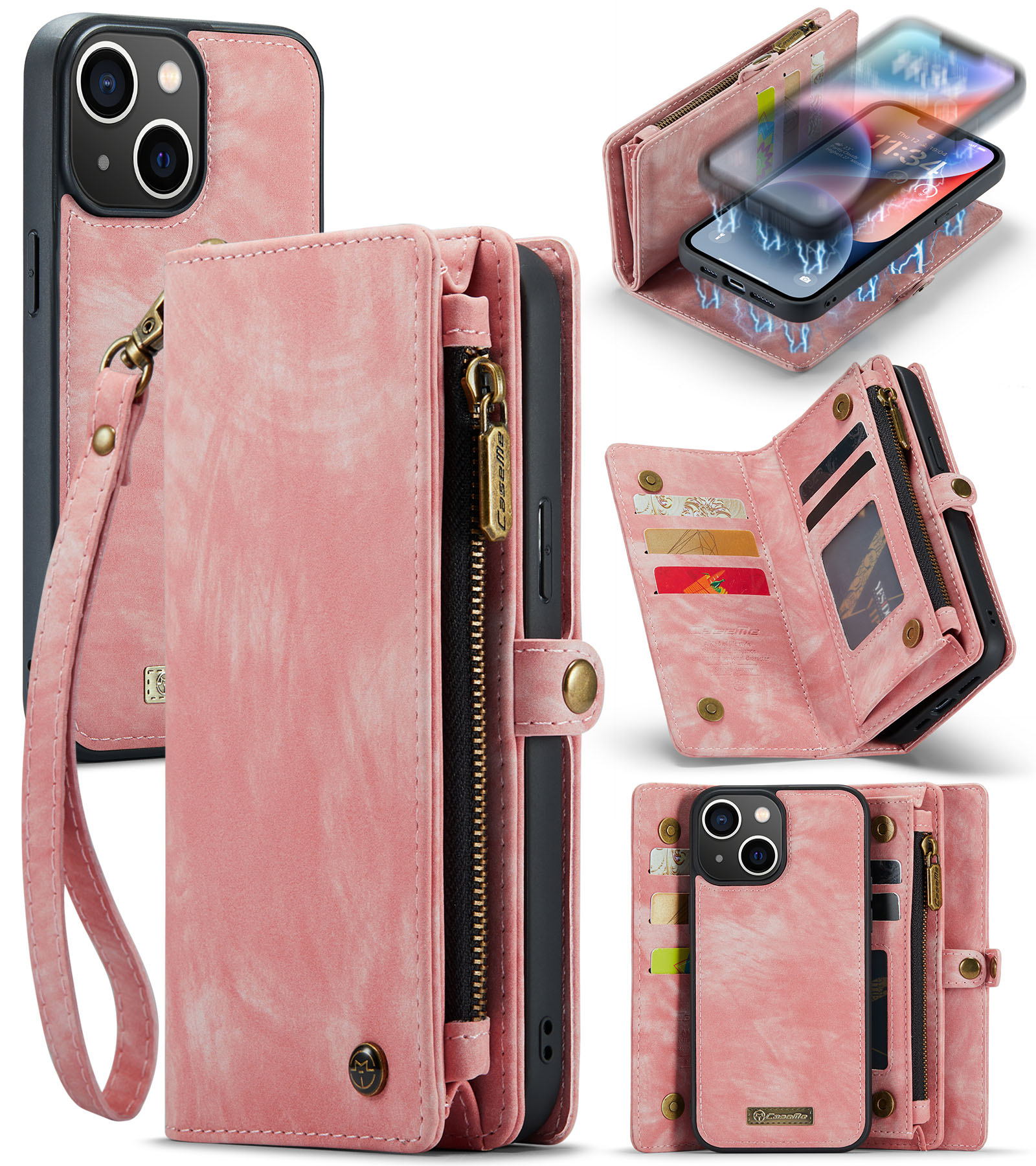 

Caseme 008 -serie Für Iphone 15 Plus Reißverschlusspocket Abnehmbarer Lederabdeckung Brieftasche Telefonhülle - Rosa, iPhone 15 Plus