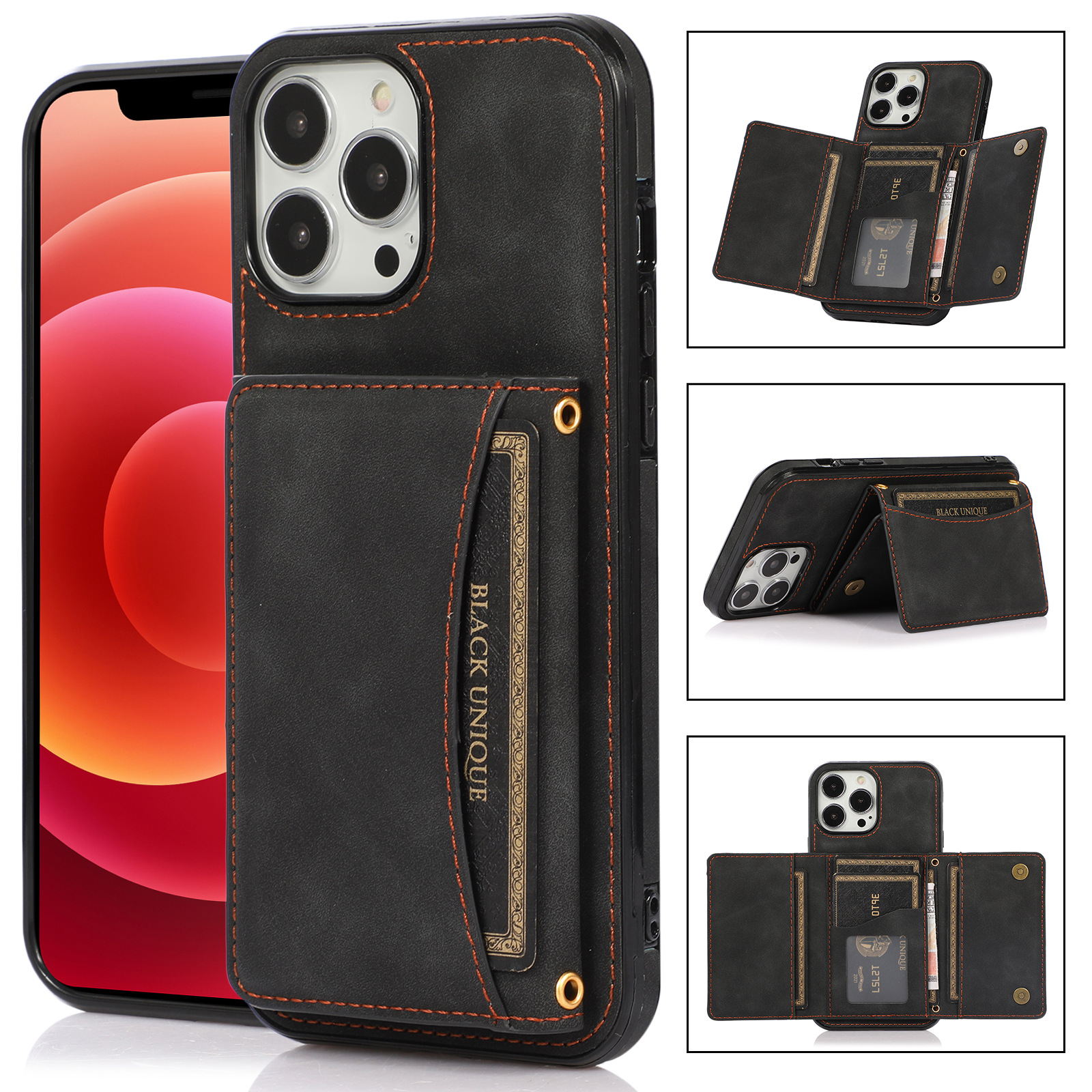 

Brieftasche Telefonhülle Für Iphone 15 Pro Max, PU -leder -beschichtete TPU -kickstand -telefonabdeckung - Schwarz, iPhone 15 Pro Max