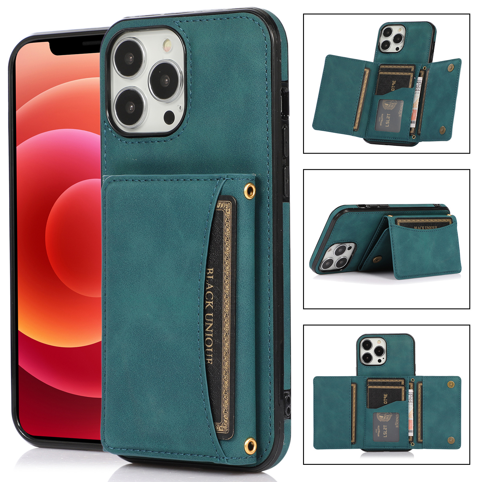 

Telefon Brieftaschenabdeckung Für Iphone 15 Pro, Kickstand -pu -leder -beschichtete TPU -telefonhülle - Blau, iPhone 15 Pro