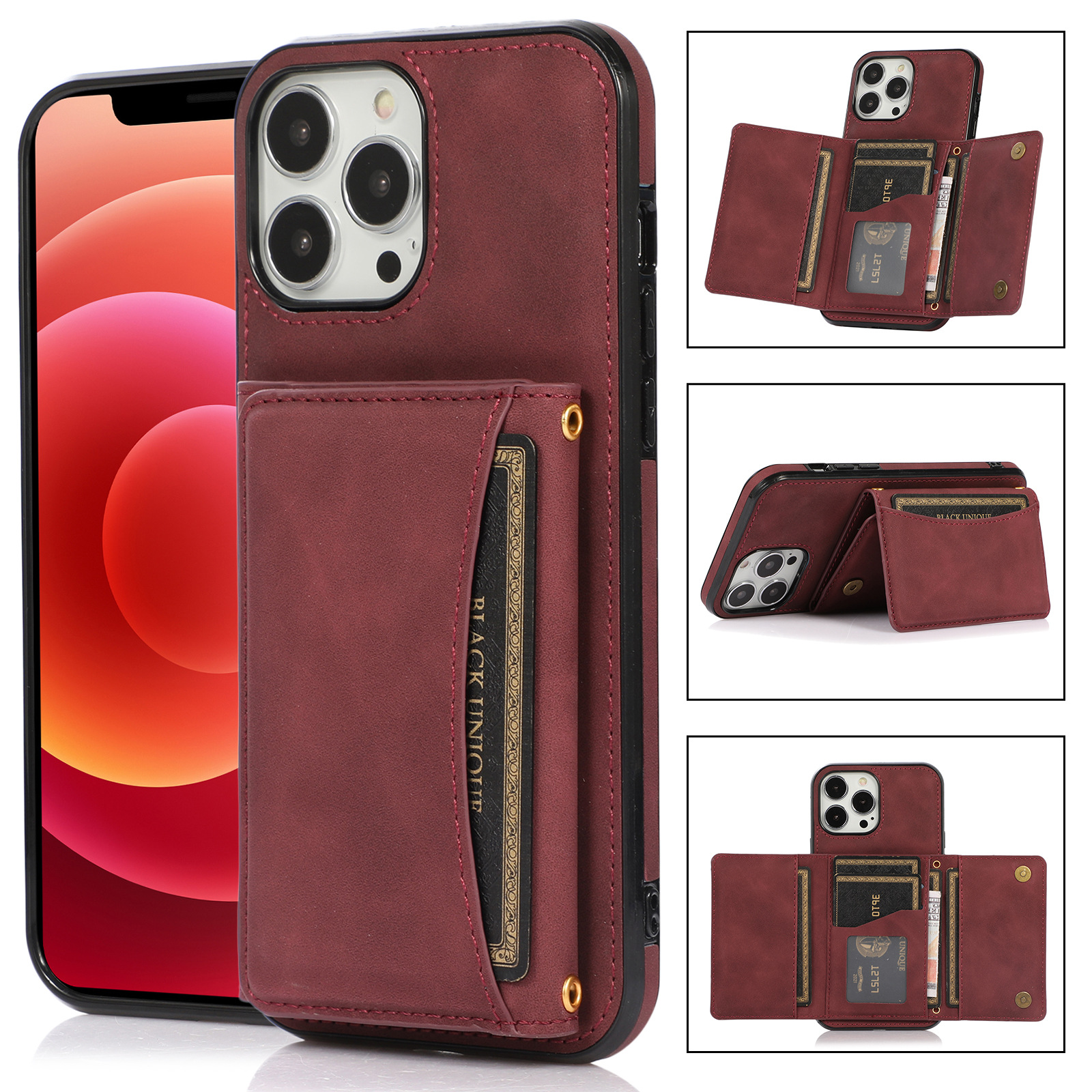 

Telefon Brieftaschenabdeckung Für Iphone 15 Pro, Kickstand -pu -leder -beschichtete TPU -telefonhülle - Weinrot, iPhone 15 Pro