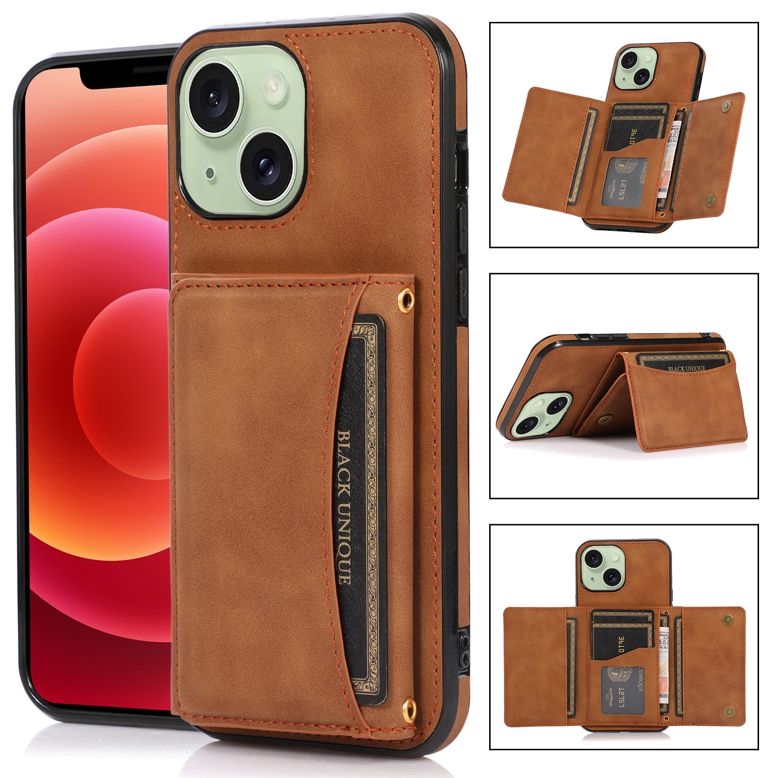 

Kickstand Wallet Phone Hülle Für Iphone 15, Anti-scratch-pu-leder-beschichtete Tpu-rückseite - Braun, iPhone 15