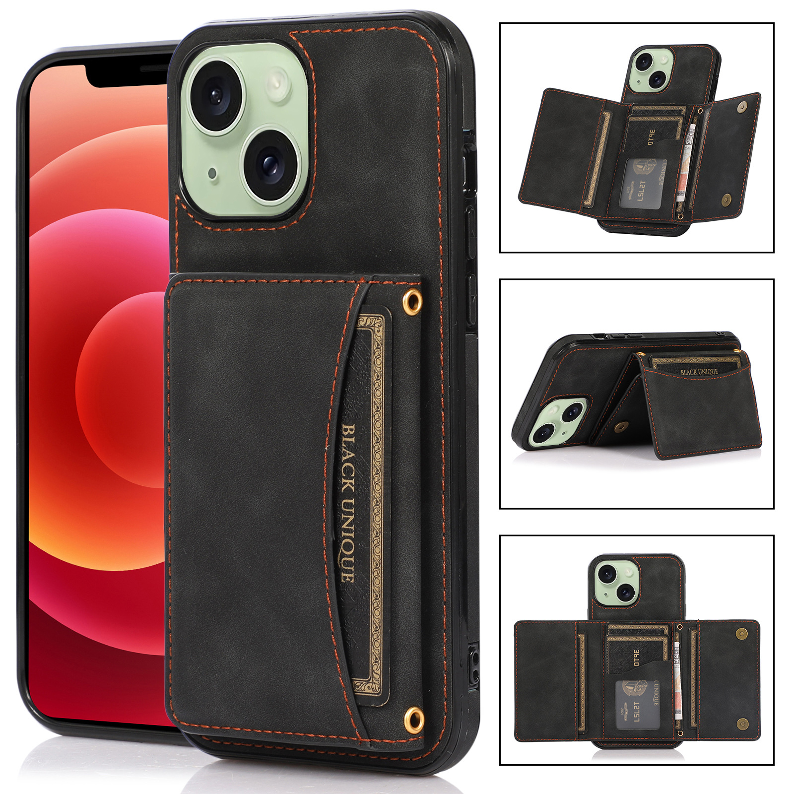 

Kickstand Wallet Phone Hülle Für Iphone 15, Anti-scratch-pu-leder-beschichtete Tpu-rückseite - Schwarz, iPhone 15