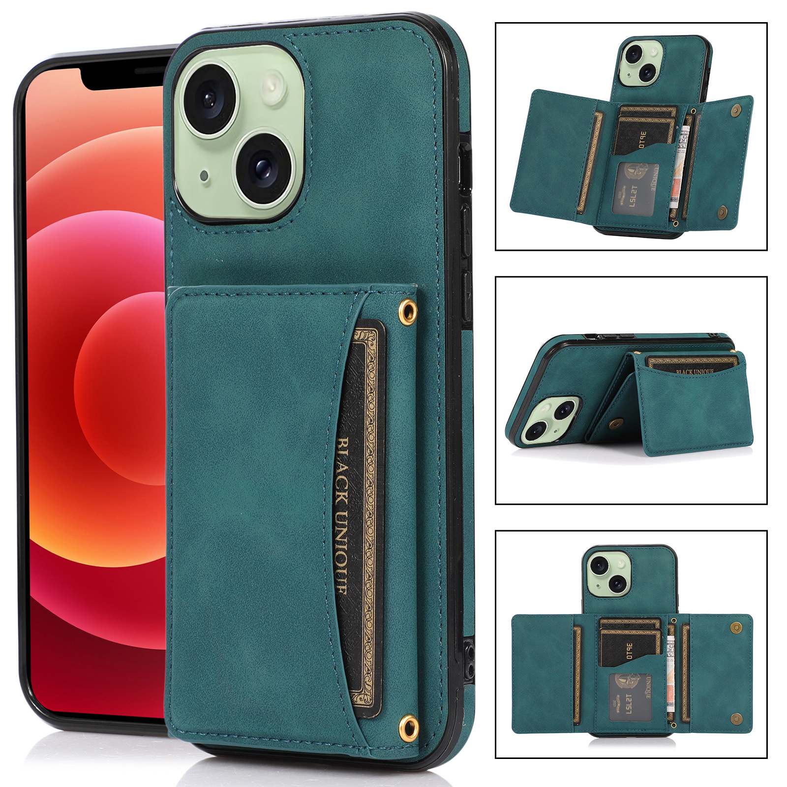 

Kickstand Wallet Phone Hülle Für Iphone 15, Anti-scratch-pu-leder-beschichtete Tpu-rückseite - Blau, iPhone 15