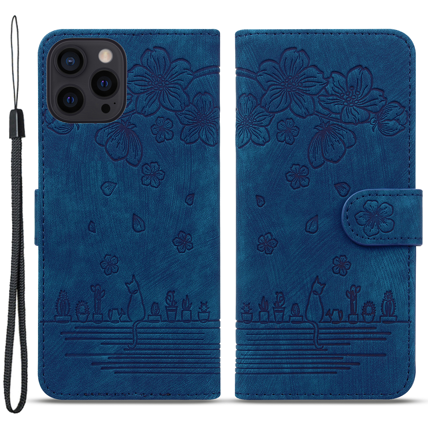 

Anti-drop-hülle Für Iphone 15 Pro Max Leder Brieftasche Geprägte Blumenkatze-telefonabdeckung Mit Riemen - Blau, iPhone 15 Pro Max