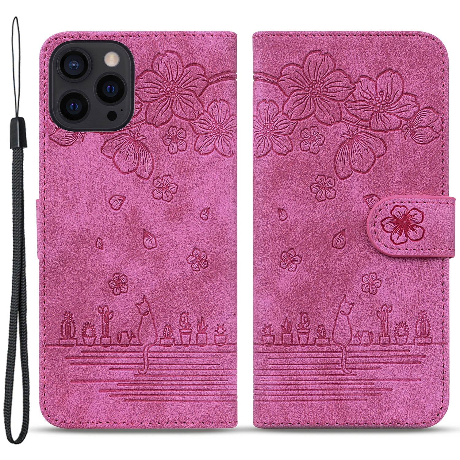 

Lederhülle Für Iphone 15 Plus, Faltbarer Ständer Eingeprägter Blumenkatzentelefon -brieftaschenabdeckung Mit Riemen - Rose, iPhone 15 Plus