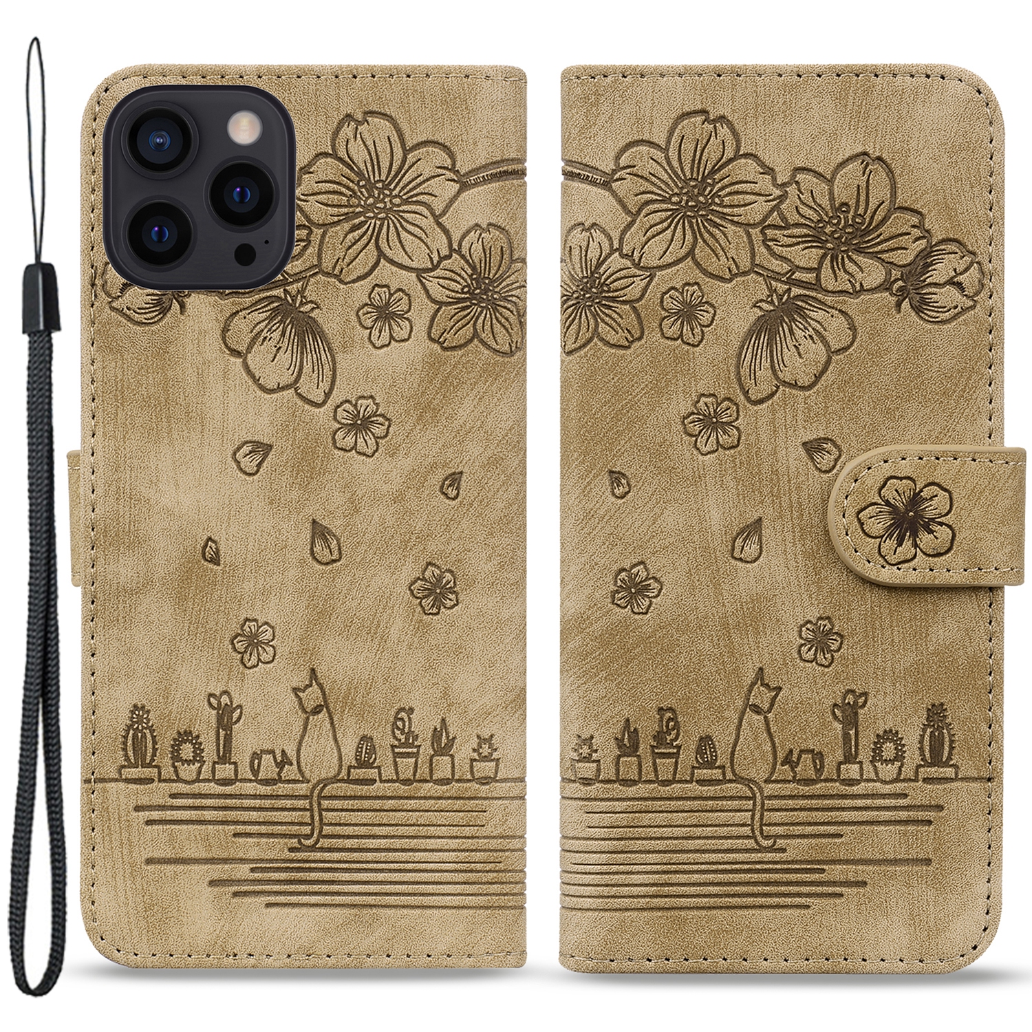 

Lederhülle Für Iphone 15 Pro, Eingeprägte Blumenkatze Handy Brieftaschenständer Mit Riemen - Braun, iPhone 15 Pro