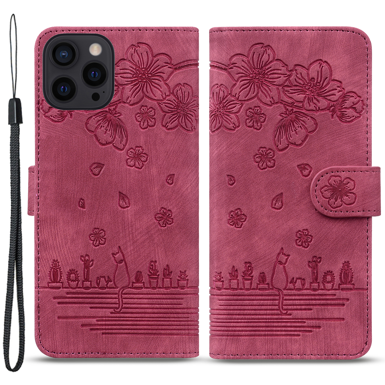 

Lederhülle Für Iphone 15 Pro, Eingeprägte Blumenkatze Handy Brieftaschenständer Mit Riemen - Weinrot, iPhone 15 Pro