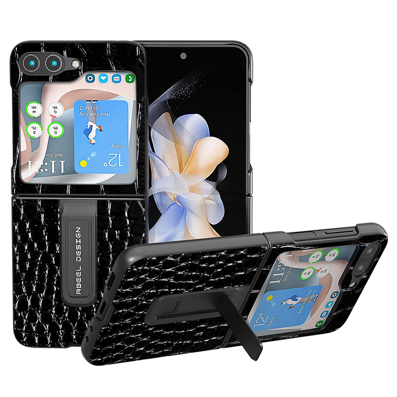 

ABEEL Für Samsung Galaxy Z Flip5 5G Krokodiltextur Schutzhülle Echtes Kuhleder+pc Kickstand Telefonabdeckung - Schwarz, Galaxy Z Flip5 5G
