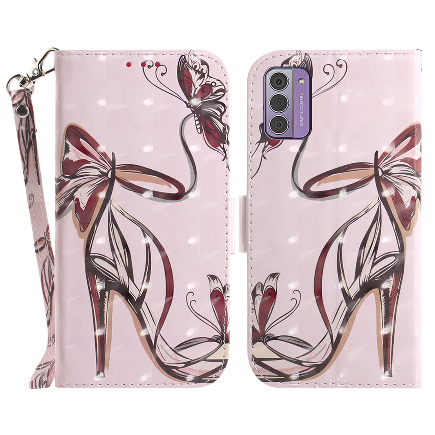 

Für Nokia G42 3D -muster Bedruckt PU Leder Telefon Hülle Ständer Flip Wallet Wallet Cover Mit Riemen - Butterfly High Heels, Nokia G42